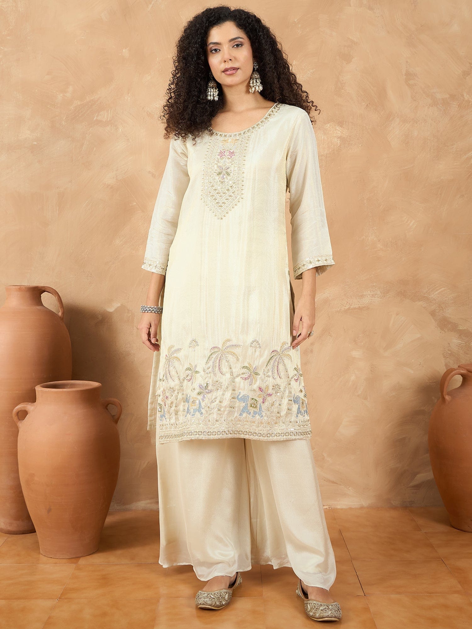 Varanga Women Thread Embroiderd Zari Yoke On The Kurta Paired With Solid Sharara And A Lace Detailing On Dupatta