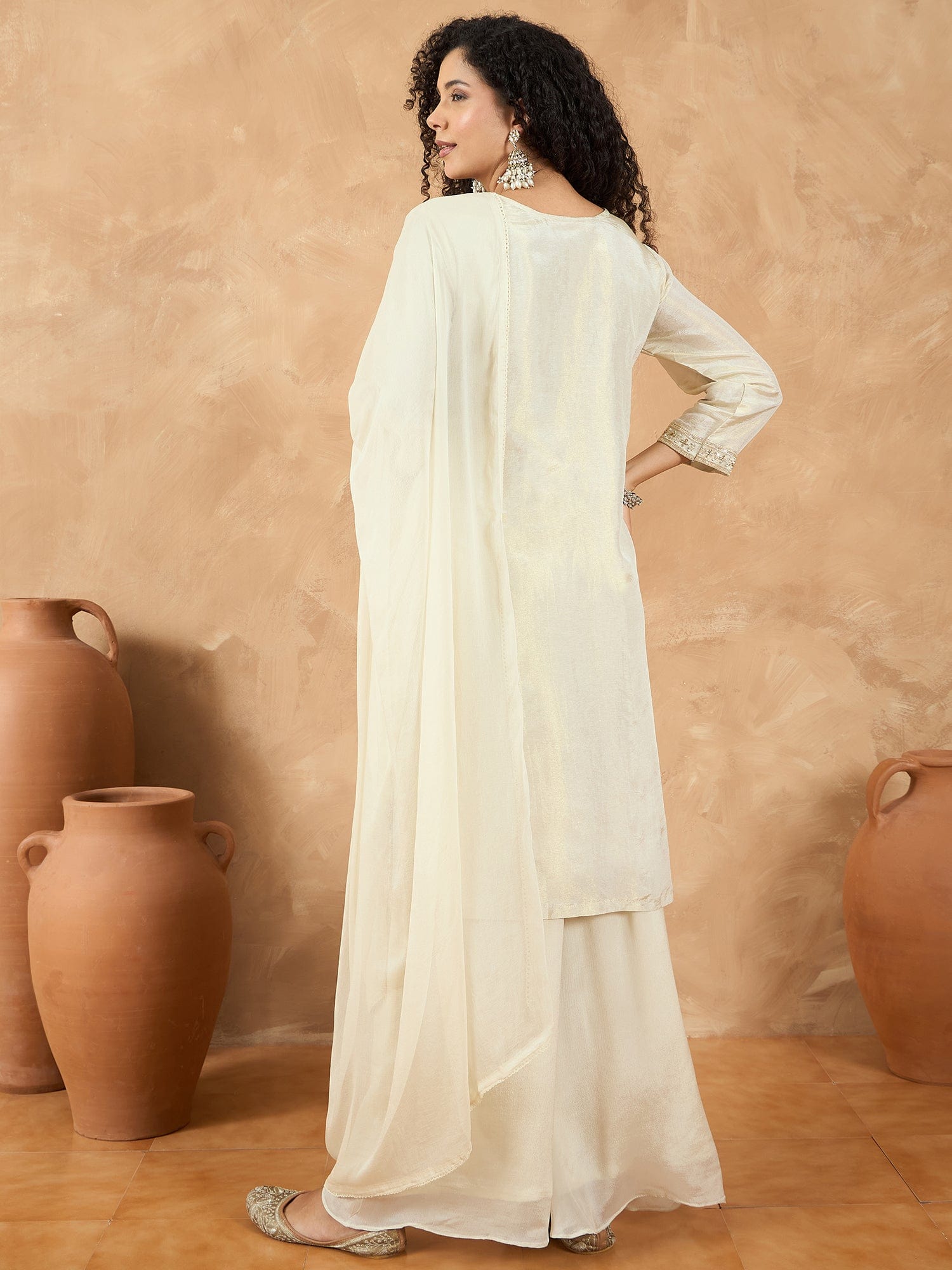 Varanga Women Thread Embroiderd Zari Yoke On The Kurta Paired With Solid Sharara And A Lace Detailing On Dupatta