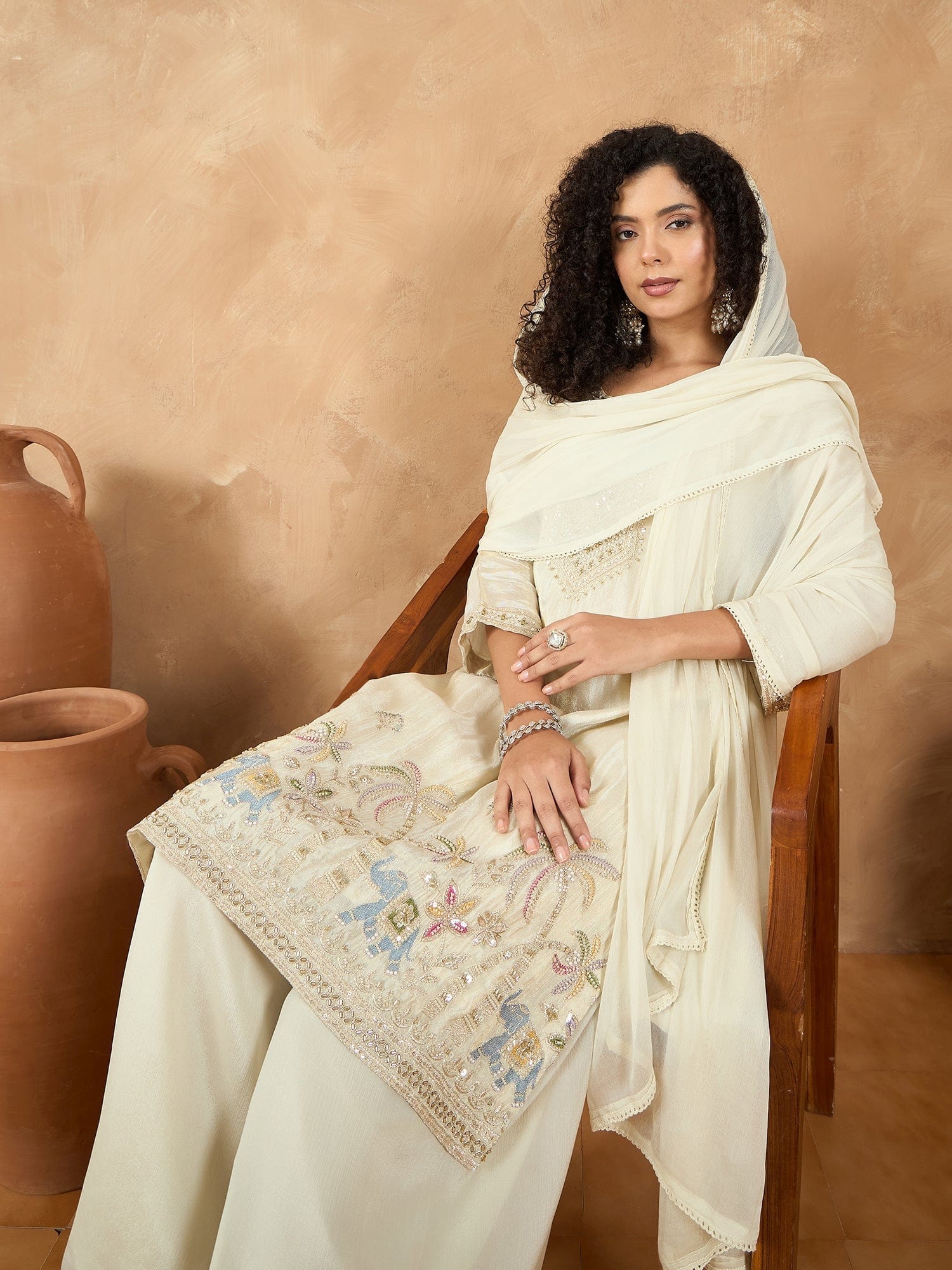 Varanga Women Thread Embroiderd Zari Yoke On The Kurta Paired With Solid Sharara And A Lace Detailing On Dupatta
