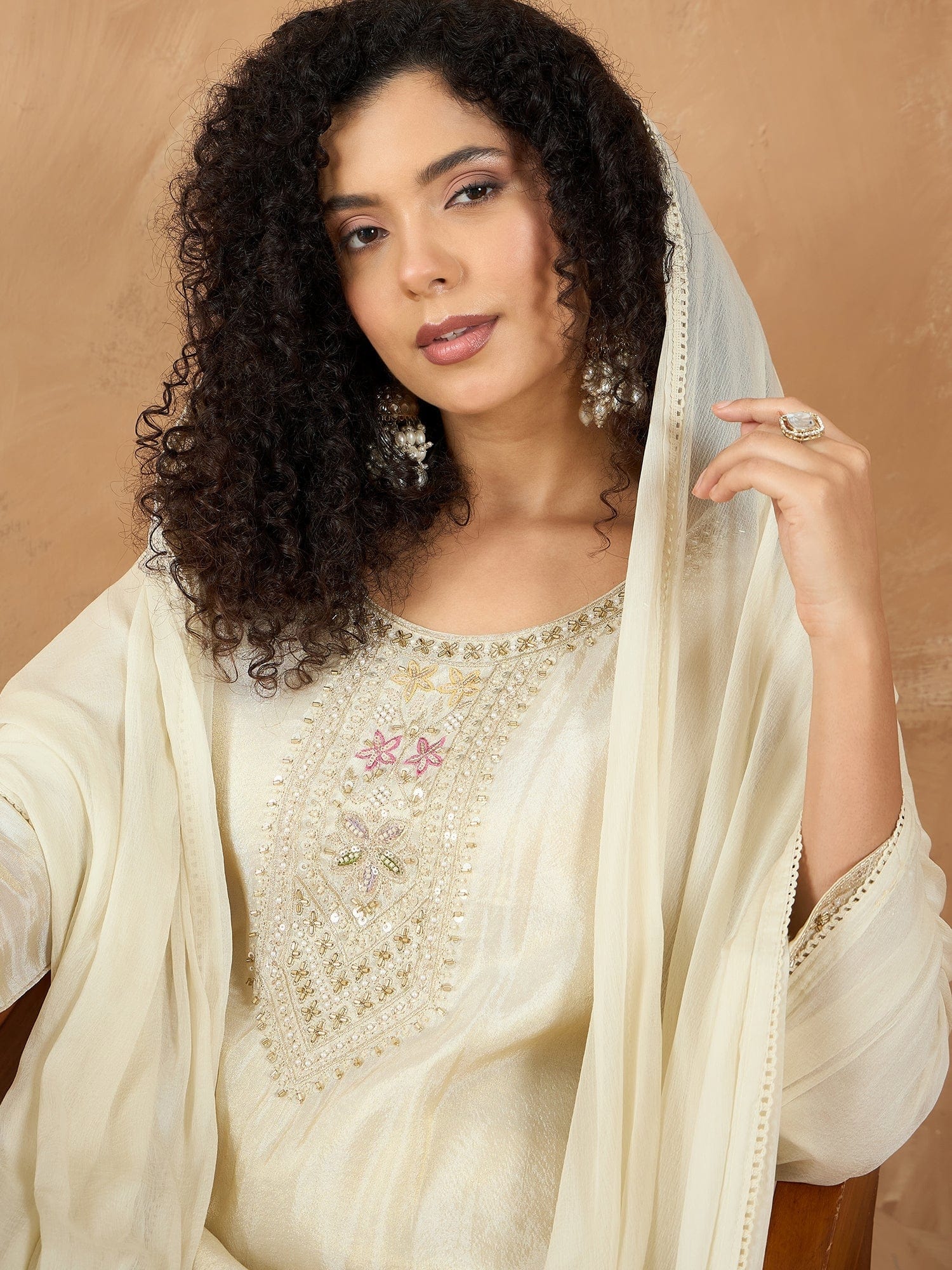 Varanga Women Thread Embroiderd Zari Yoke On The Kurta Paired With Solid Sharara And A Lace Detailing On Dupatta