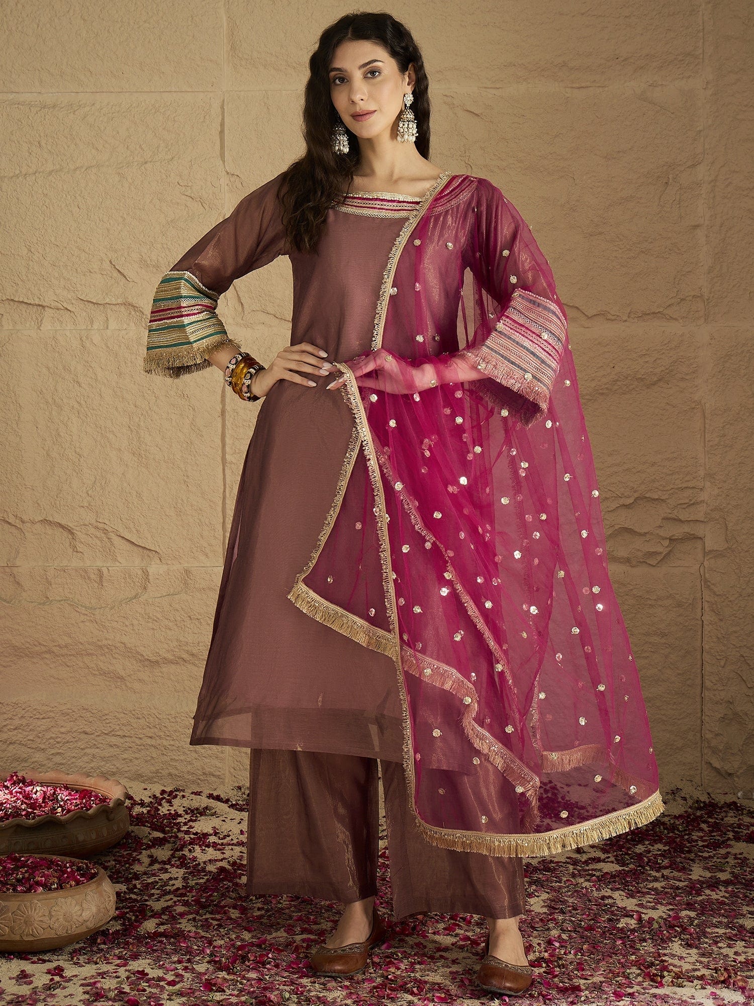 Varanga Women Graceful Rose Gold A-Line Kurta Set With Shimmer And Lace Detailing, Paired With Solid Trousers And A Net Sequin Dupatta Perfect For Festive Elegance.