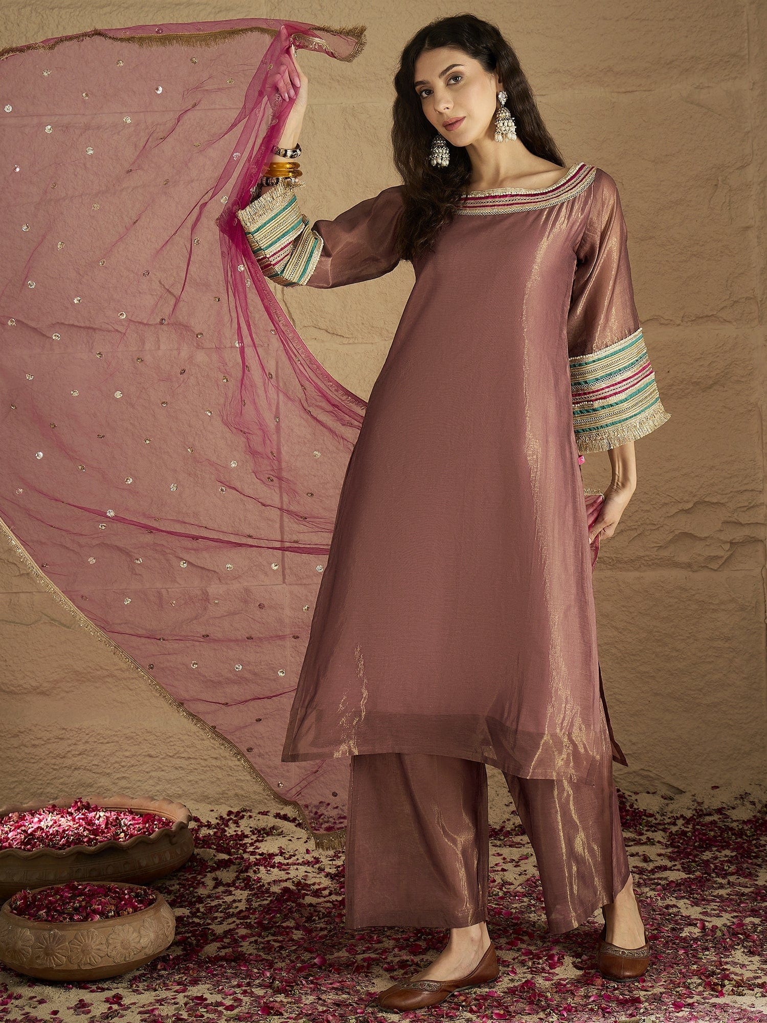 Varanga Women Graceful Rose Gold A-Line Kurta Set With Shimmer And Lace Detailing, Paired With Solid Trousers And A Net Sequin Dupatta Perfect For Festive Elegance.