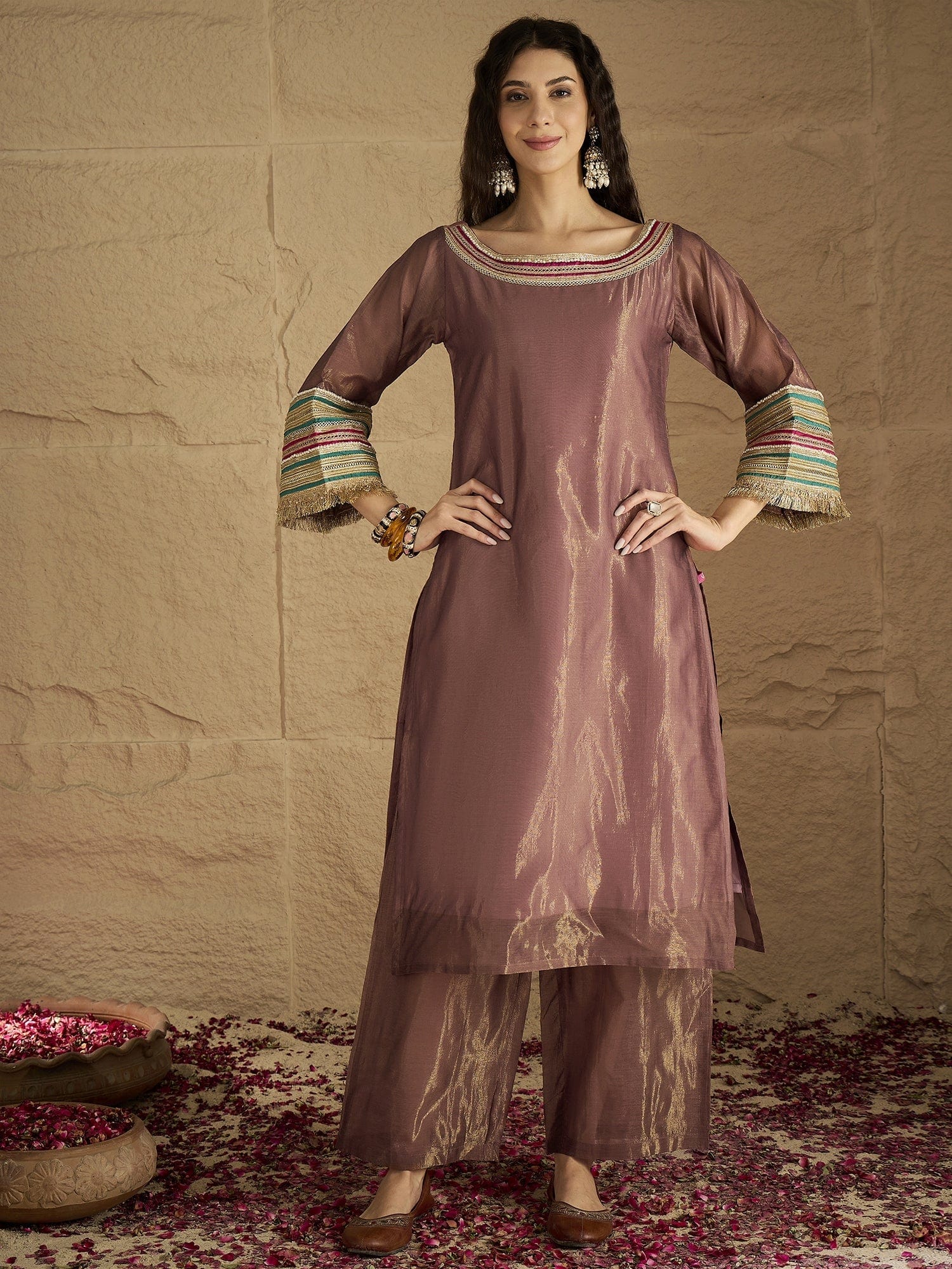 Varanga Women Graceful Rose Gold A-Line Kurta Set With Shimmer And Lace Detailing, Paired With Solid Trousers And A Net Sequin Dupatta Perfect For Festive Elegance.