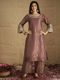Varanga Women Graceful Rose Gold A-Line Kurta Set With Shimmer And Lace Detailing, Paired With Solid Trousers And A Net Sequin Dupatta Perfect For Festive Elegance.