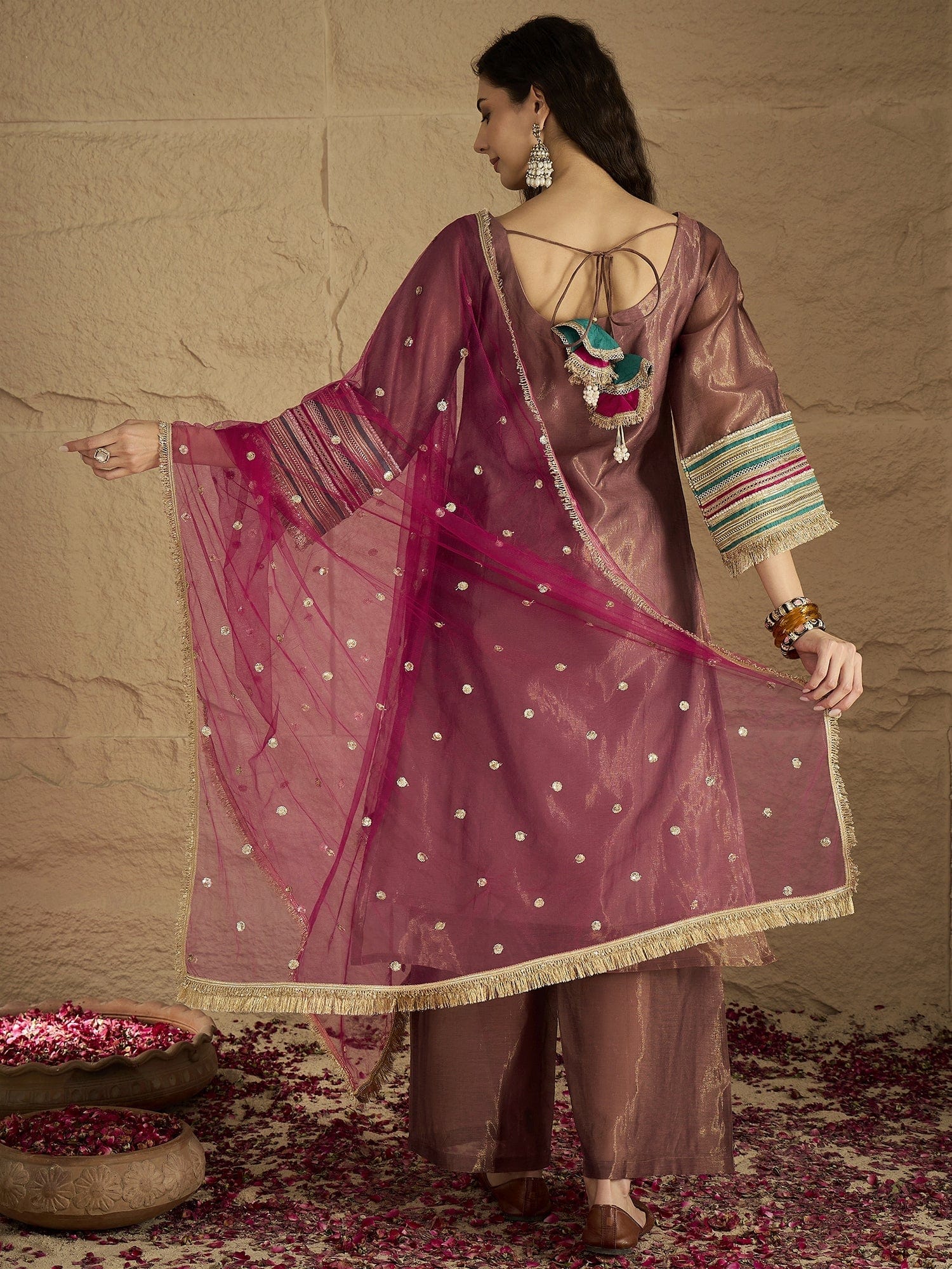 Varanga Women Graceful Rose Gold A-Line Kurta Set With Shimmer And Lace Detailing, Paired With Solid Trousers And A Net Sequin Dupatta Perfect For Festive Elegance.