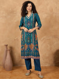 varanga Women A Vibrant 3-Piece Blue Ikat-Printed Kurta Set With Solid Trousers And A Lace-Trimmed Dupatta (Perfect For Festive Occasions, Styled Best With Jhumkas, Juttis, And Soft Glam Makeup.)