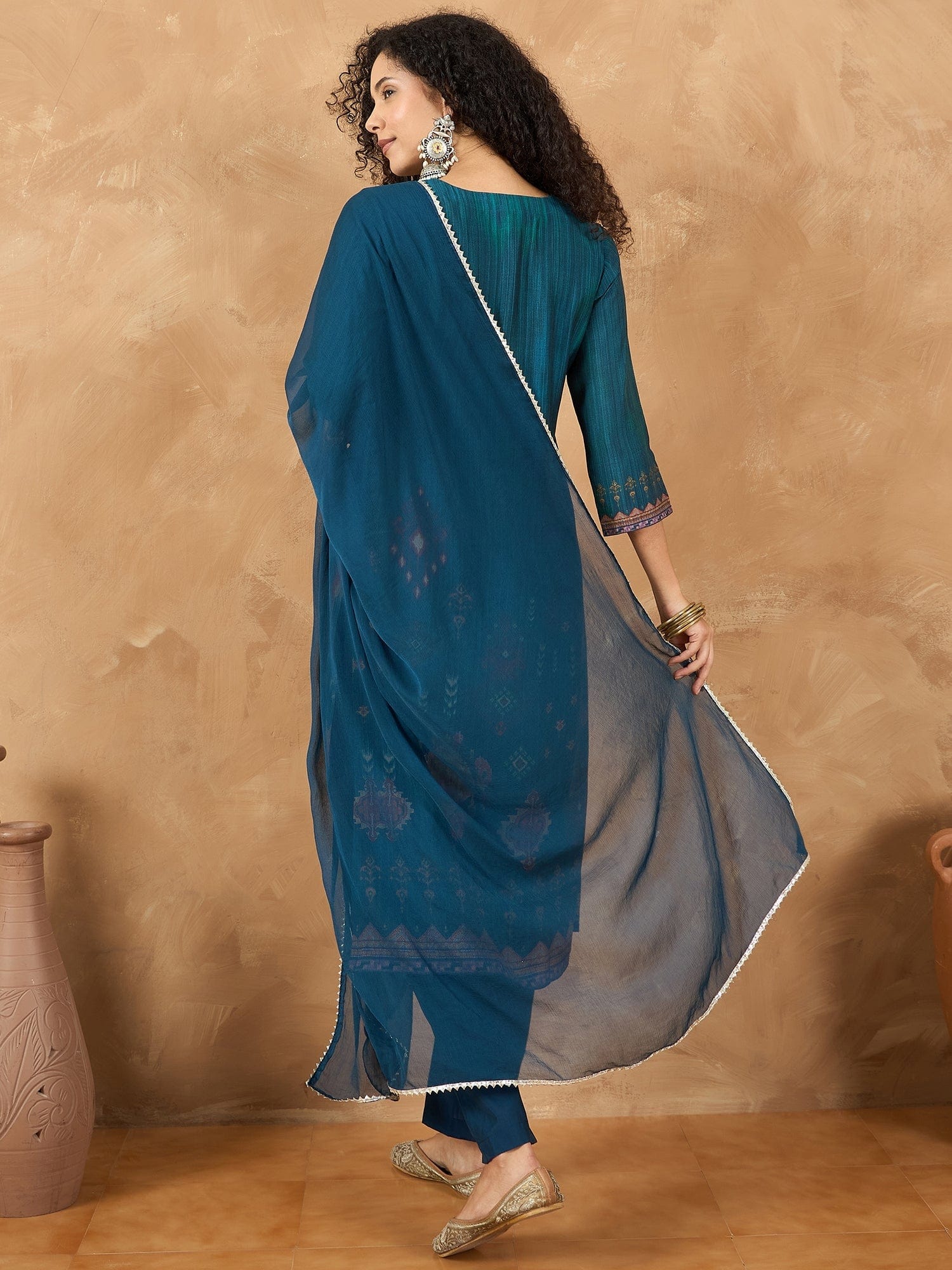 varanga Women A Vibrant 3-Piece Blue Ikat-Printed Kurta Set With Solid Trousers And A Lace-Trimmed Dupatta (Perfect For Festive Occasions, Styled Best With Jhumkas, Juttis, And Soft Glam Makeup.)
