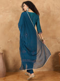 varanga Women A Vibrant 3-Piece Blue Ikat-Printed Kurta Set With Solid Trousers And A Lace-Trimmed Dupatta (Perfect For Festive Occasions, Styled Best With Jhumkas, Juttis, And Soft Glam Makeup.)