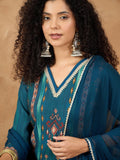 varanga Women A Vibrant 3-Piece Blue Ikat-Printed Kurta Set With Solid Trousers And A Lace-Trimmed Dupatta (Perfect For Festive Occasions, Styled Best With Jhumkas, Juttis, And Soft Glam Makeup.)