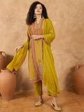 varanga Women A Mustard Ethnic-Printed Kurta Set With Bead And Stone Detailing, Paired With Solid Trousers And A Dupatta Perfect For Festive Celebrations With A Touch Of Contemporary Charm.