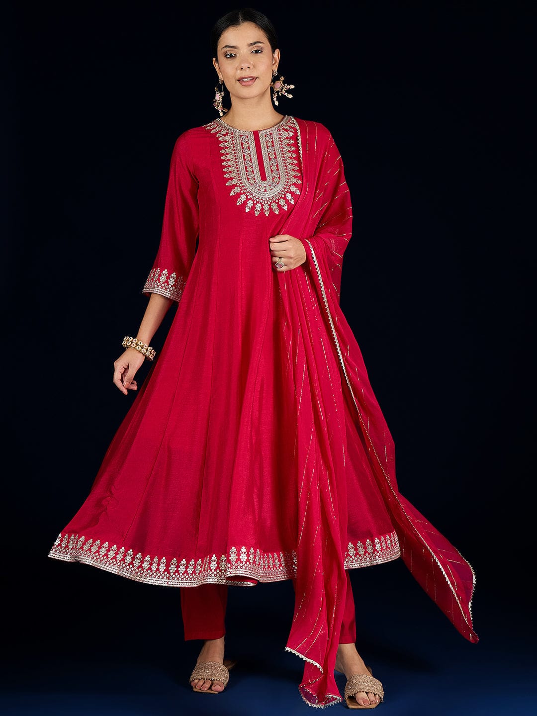 Varanga Gracefully Crafted In Rich Vichitra Fabric With Zari Embroidery, This Elegant 3-Piece Anarkali Set Blends Festive Charm With Timeless Style.