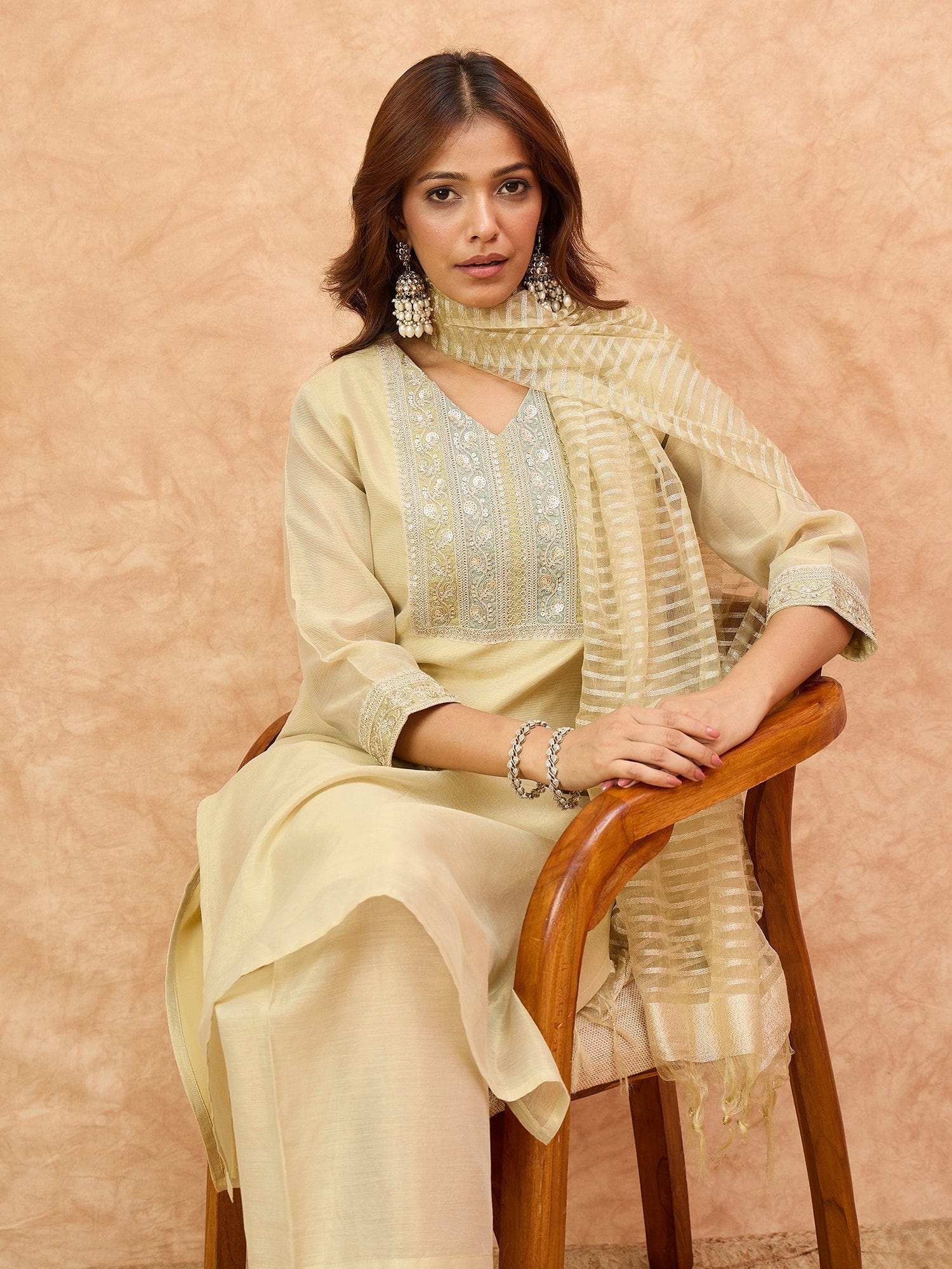 varanga Women Shimmer Fabric Kurta Set Featuring An Zari Embroidered Yoke , Paired With Tonal Bottom With Sparkling Lurex Dupatta.