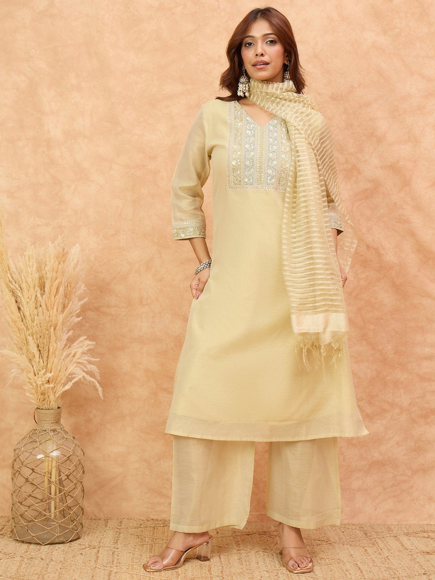 varanga Women Shimmer Fabric Kurta Set Featuring An Zari Embroidered Yoke , Paired With Tonal Bottom With Sparkling Lurex Dupatta.