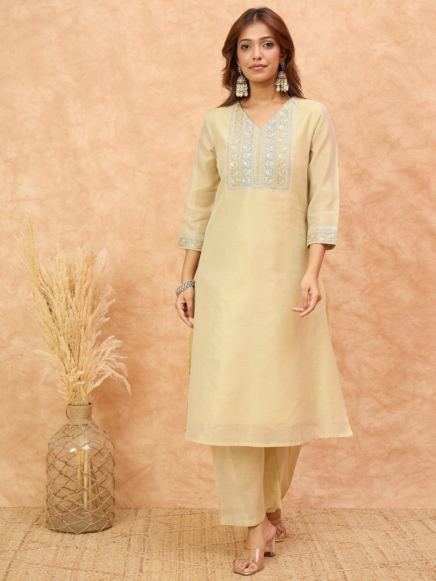 varanga Women Shimmer Fabric Kurta Set Featuring An Zari Embroidered Yoke , Paired With Tonal Bottom With Sparkling Lurex Dupatta.