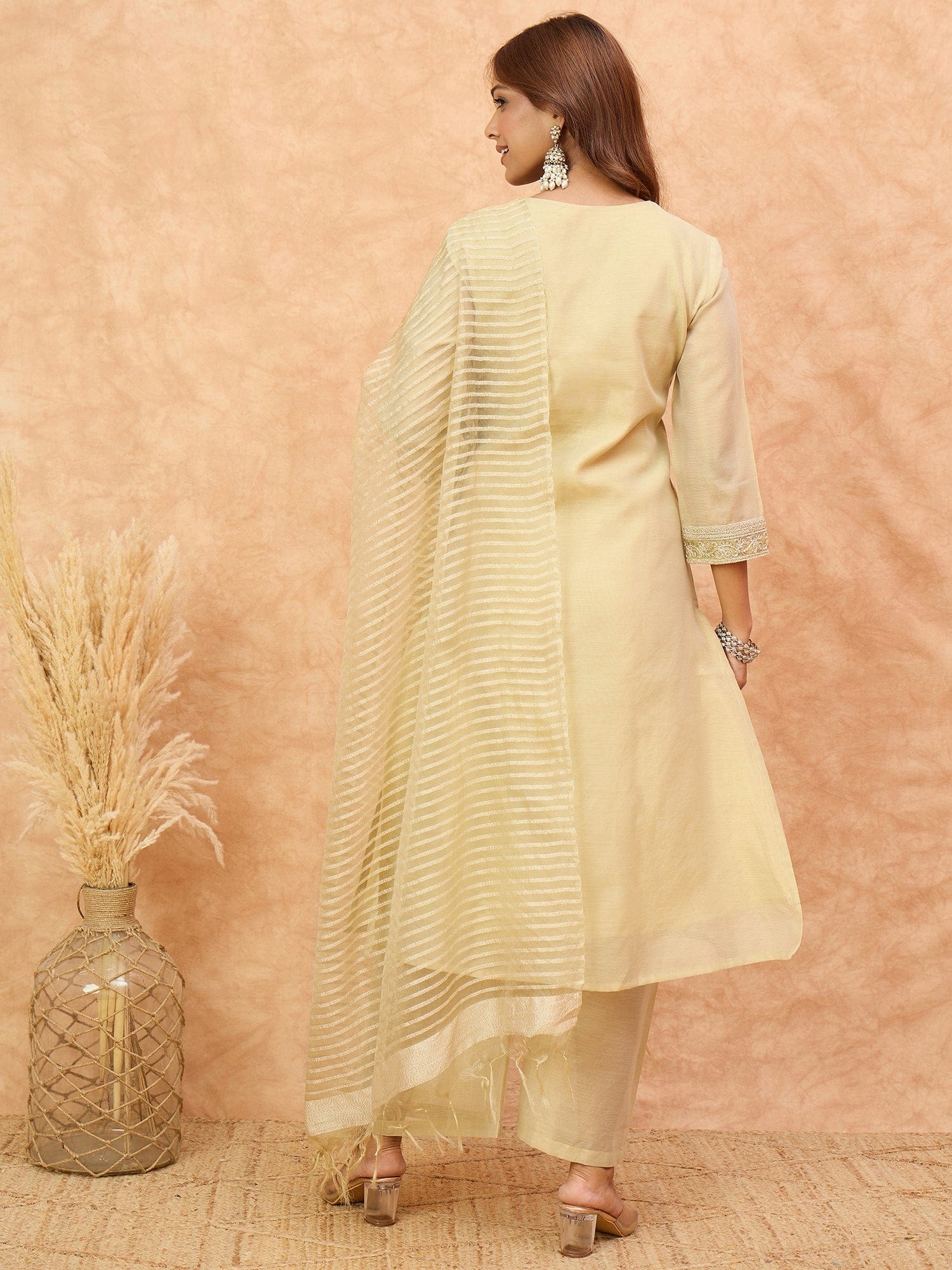 varanga Women Shimmer Fabric Kurta Set Featuring An Zari Embroidered Yoke , Paired With Tonal Bottom With Sparkling Lurex Dupatta.
