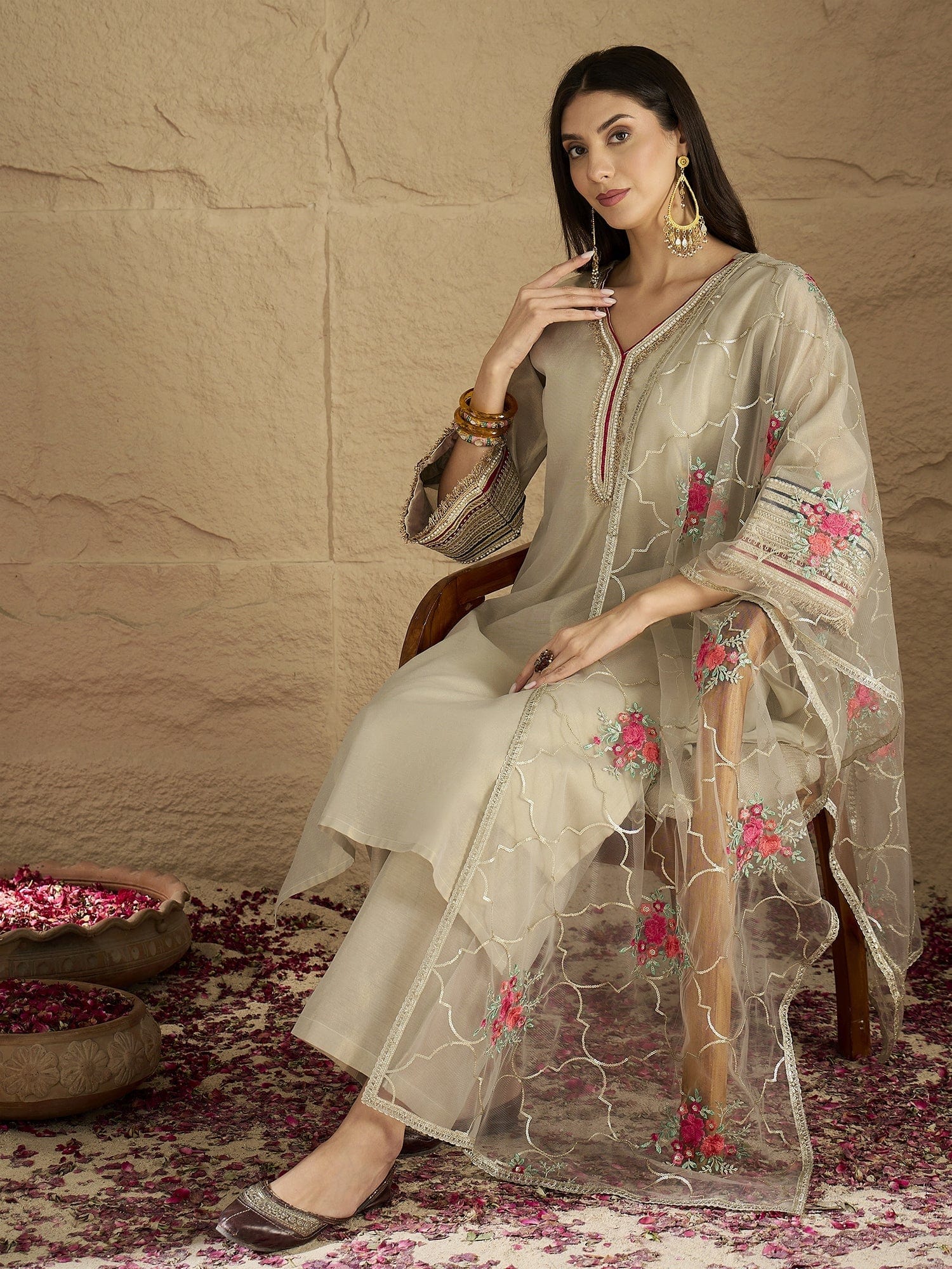 Varanga Women Elegant Three-Piece Set Featuring A Shimmer-Detailed Grey Kurta, Solid Ankle-Length Trousers, And An Embroidered Net Dupatta Perfect For Festive Occasions.
