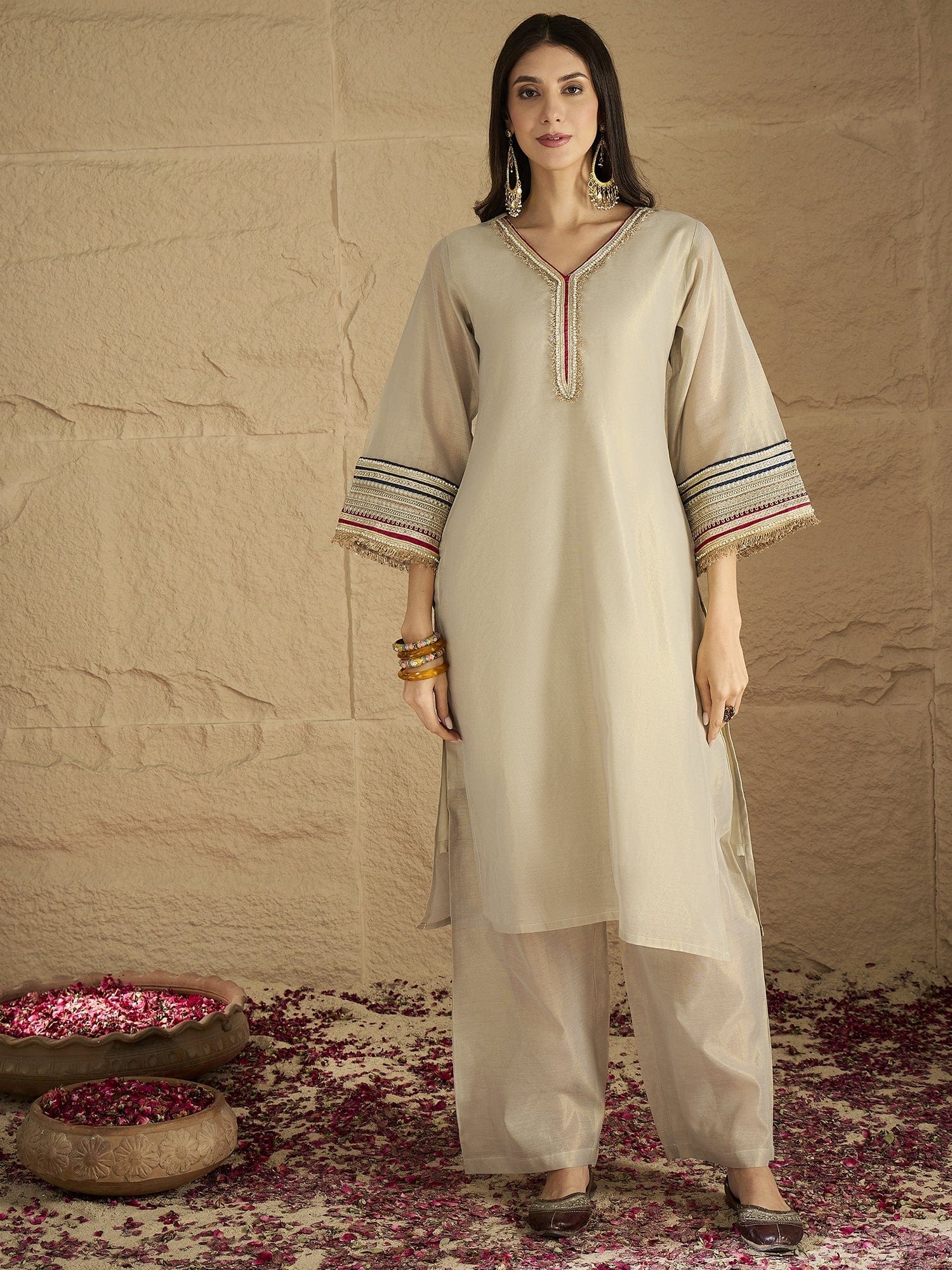 Varanga Women Elegant Three-Piece Set Featuring A Shimmer-Detailed Grey Kurta, Solid Ankle-Length Trousers, And An Embroidered Net Dupatta Perfect For Festive Occasions.