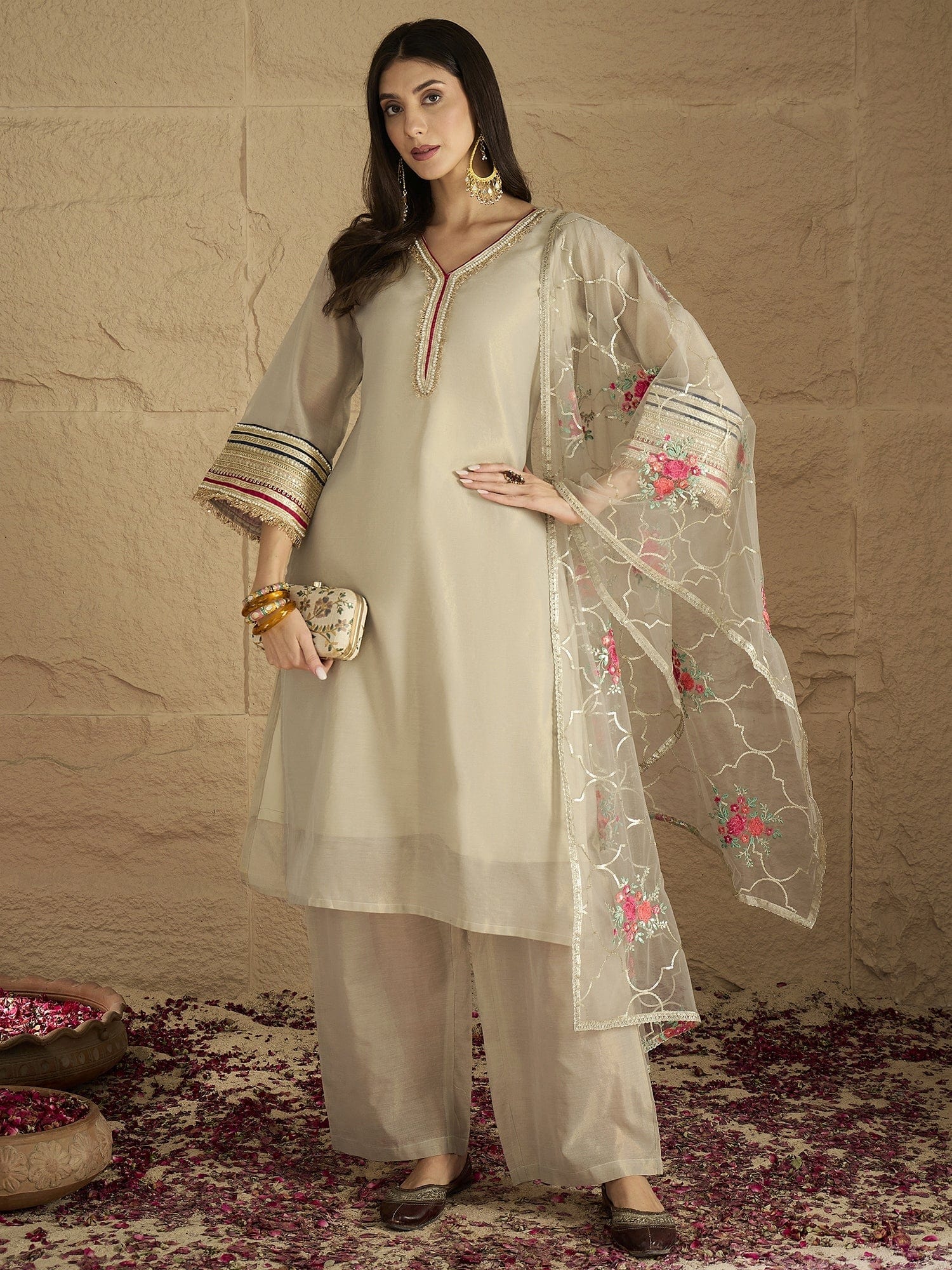 Varanga Women Elegant Three-Piece Set Featuring A Shimmer-Detailed Grey Kurta, Solid Ankle-Length Trousers, And An Embroidered Net Dupatta Perfect For Festive Occasions.