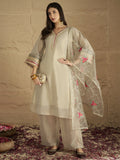 Varanga Women Elegant Three-Piece Set Featuring A Shimmer-Detailed Grey Kurta, Solid Ankle-Length Trousers, And An Embroidered Net Dupatta Perfect For Festive Occasions.