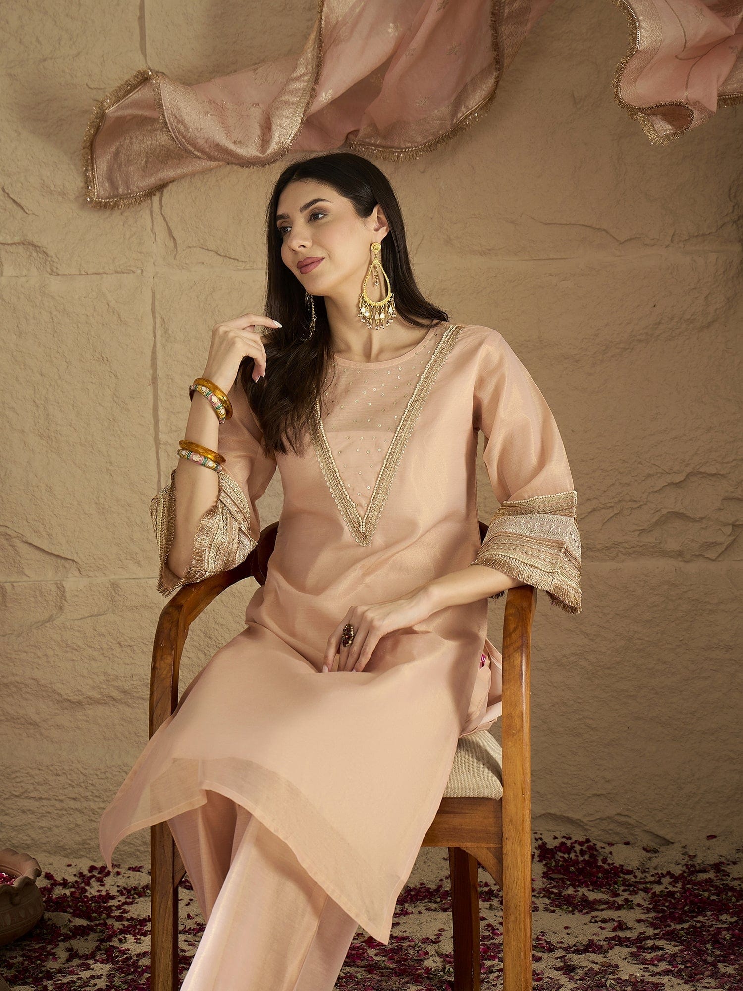 Varanga Women Elegant Three-Piece Set Featuring A Shimmer-Detailed Grey Kurta, Solid Ankle-Length Trousers, And An Embroidered Net Dupatta Perfect For Festive Occasions.
