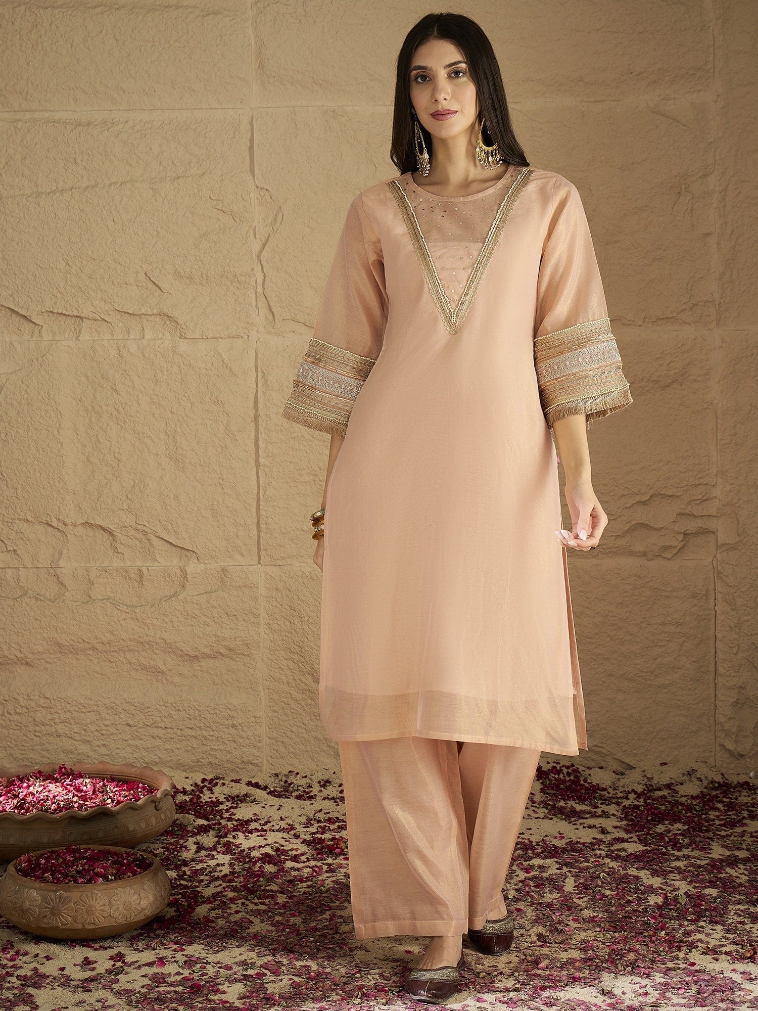 Varanga Women Elegant Three-Piece Set Featuring A Shimmer-Detailed Grey Kurta, Solid Ankle-Length Trousers, And An Embroidered Net Dupatta Perfect For Festive Occasions.