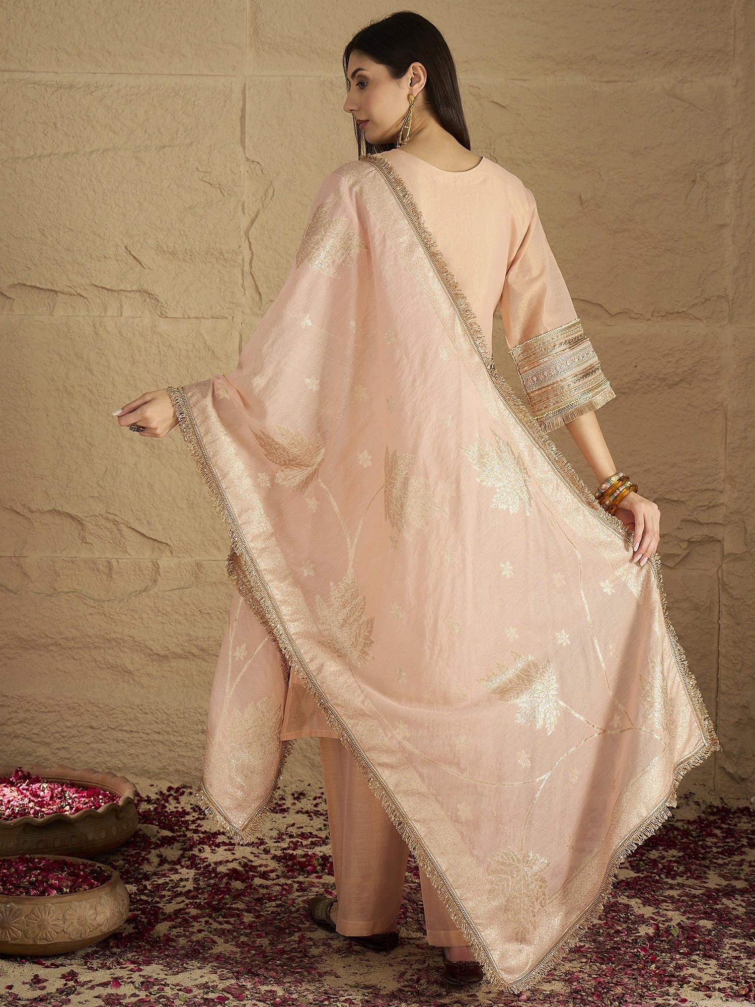 Varanga Women Elegant Three-Piece Set Featuring A Shimmer-Detailed Grey Kurta, Solid Ankle-Length Trousers, And An Embroidered Net Dupatta Perfect For Festive Occasions.