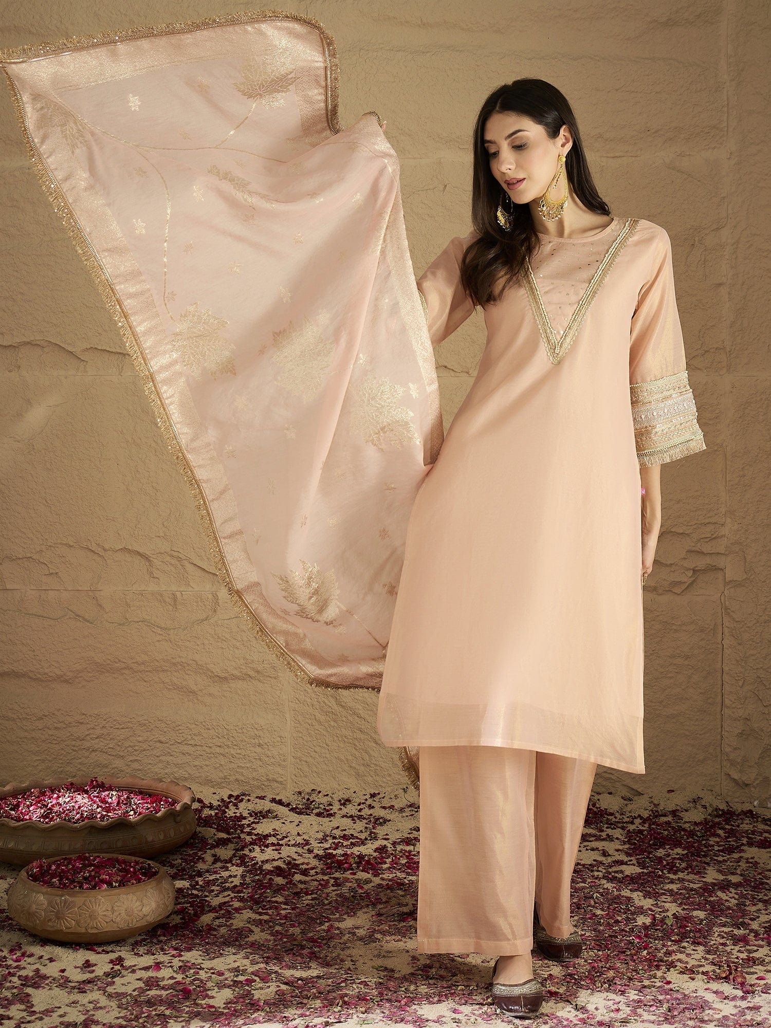 Varanga Women Elegant Three-Piece Set Featuring A Shimmer-Detailed Grey Kurta, Solid Ankle-Length Trousers, And An Embroidered Net Dupatta Perfect For Festive Occasions.