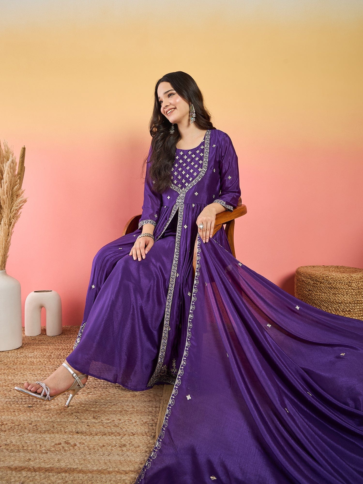 Varanga Anarkali Set Featuring  Front-Slit Kurta With Zari-Embroidered Yoke And Border, Paired With A Floor-Length Sharara And A Bordered Dupatta.