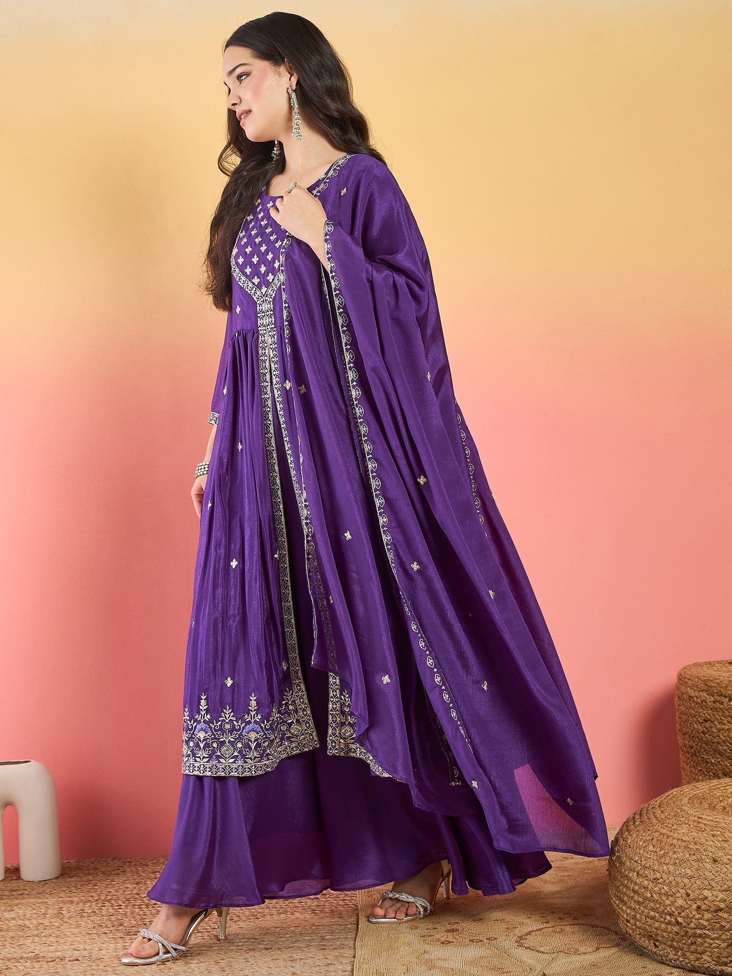 Varanga Anarkali Set Featuring  Front-Slit Kurta With Zari-Embroidered Yoke And Border, Paired With A Floor-Length Sharara And A Bordered Dupatta.