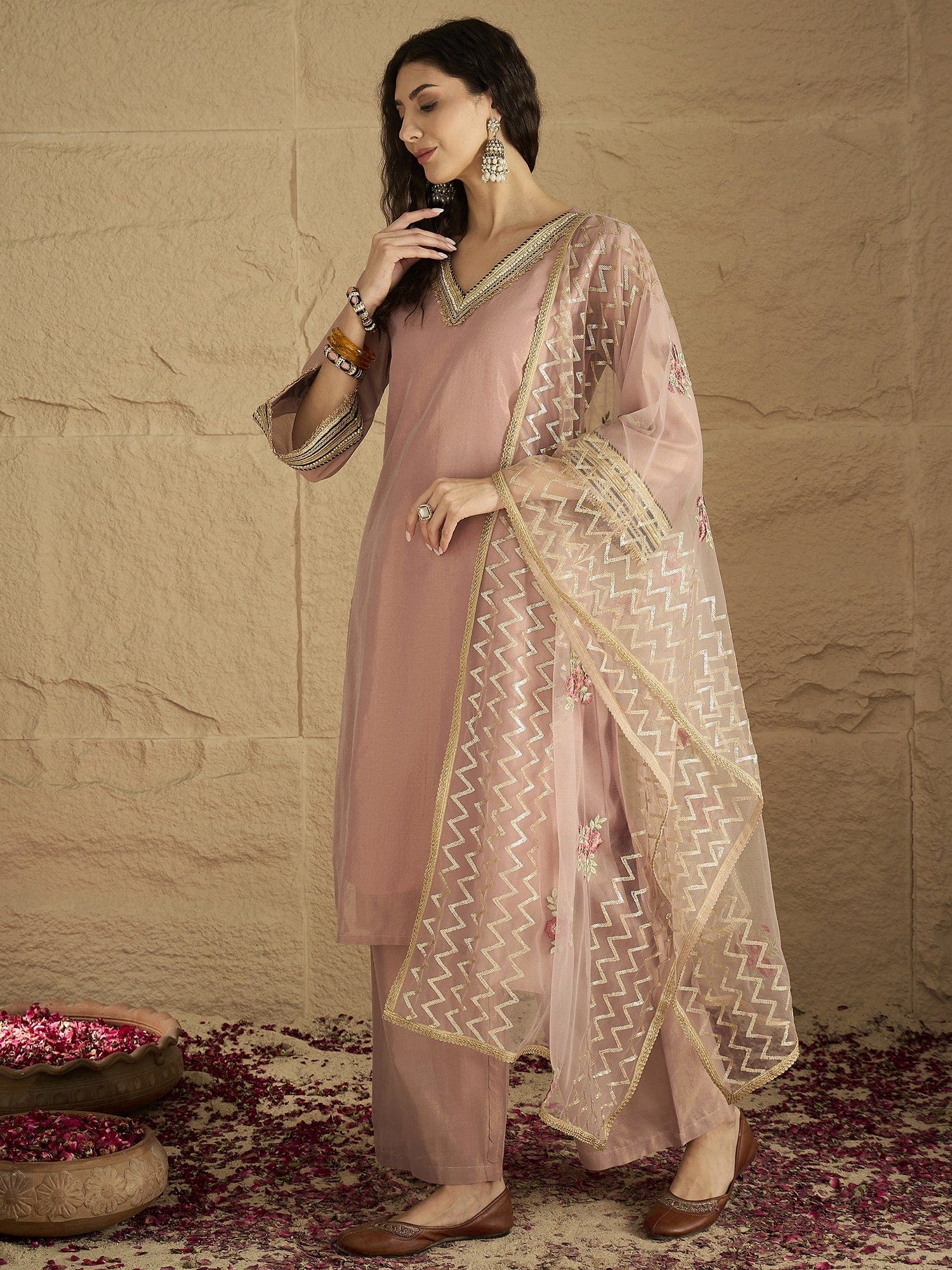 Varanga Women A Graceful Three-Piece Set Featuring A Shimmer Lace-Detailed Kurta, Solid Ankle-Length Trousers, And An Embroidered Net Dupatta.
