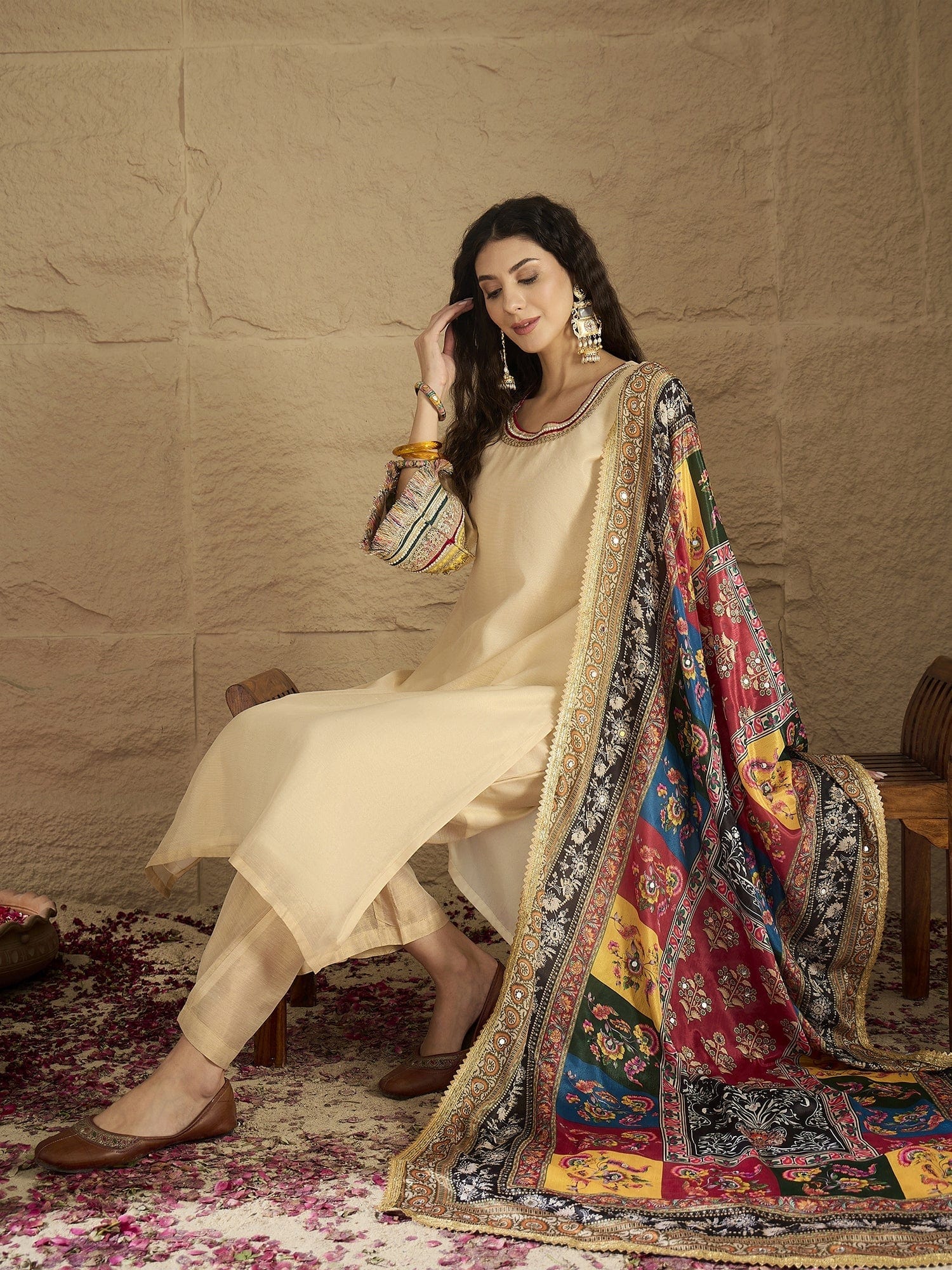 Varanga Women Elegant Beige Shimmer Kurta Set With Intricate Lace Detailing, Paired With Solid Trousers And  Patola Printed Dupatta