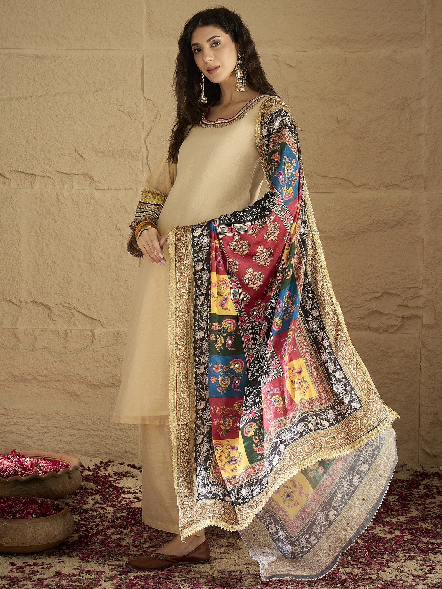 Varanga Women Elegant Beige Shimmer Kurta Set With Intricate Lace Detailing, Paired With Solid Trousers And  Patola Printed Dupatta