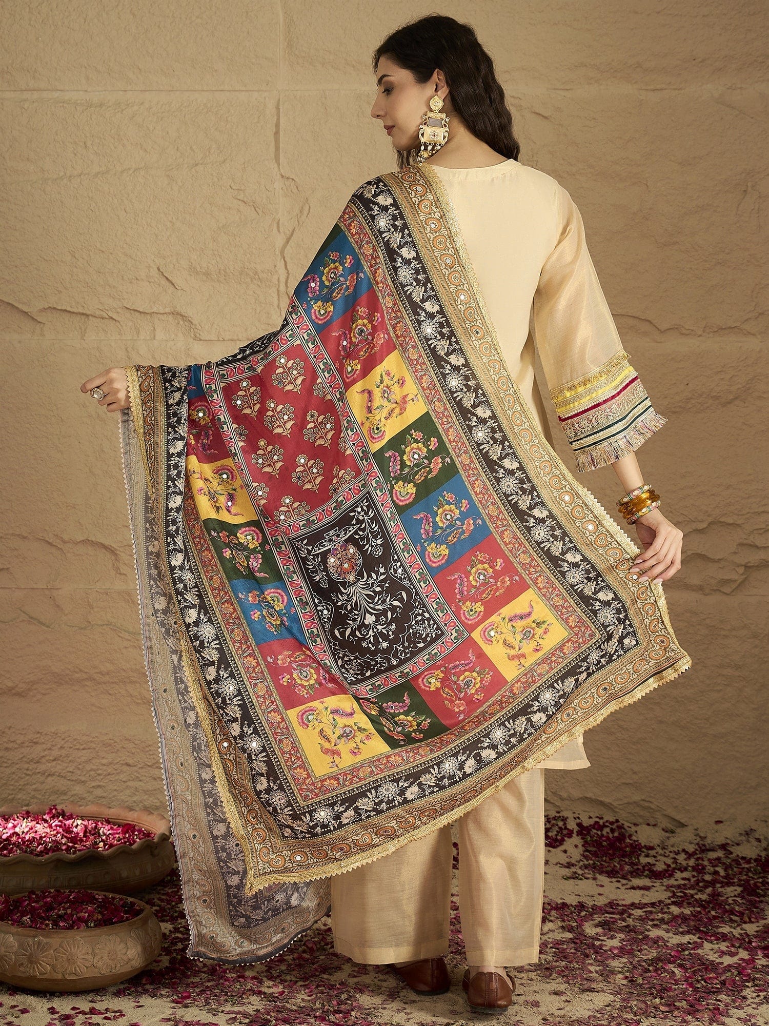 Varanga Women Elegant Beige Shimmer Kurta Set With Intricate Lace Detailing, Paired With Solid Trousers And  Patola Printed Dupatta