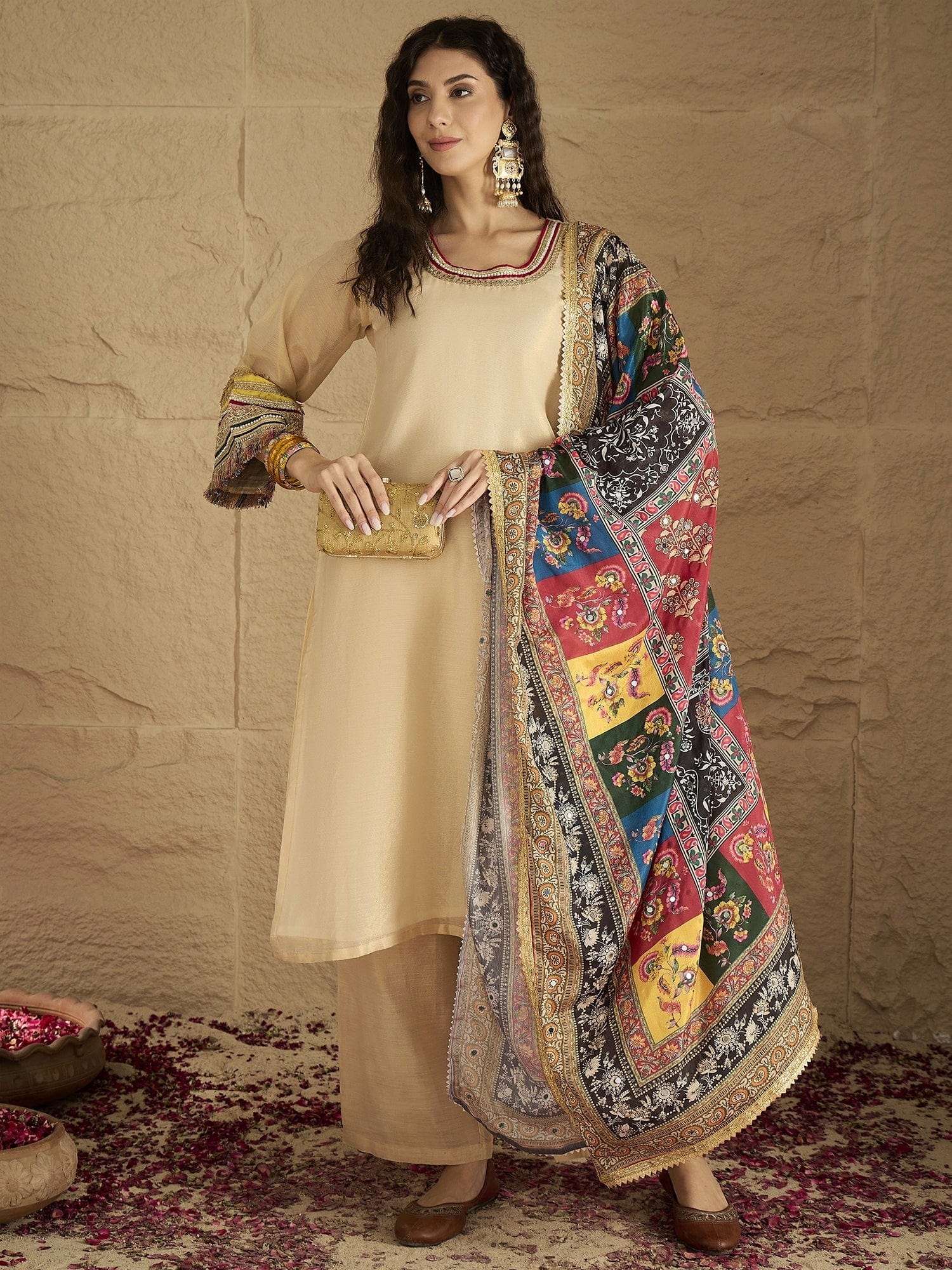 Varanga Women Elegant Beige Shimmer Kurta Set With Intricate Lace Detailing, Paired With Solid Trousers And  Patola Printed Dupatta