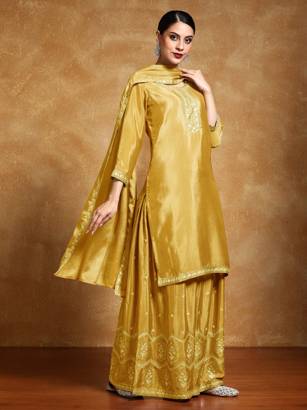 Varanga Women-Bead Work Kurta With Sharara And Dupatta