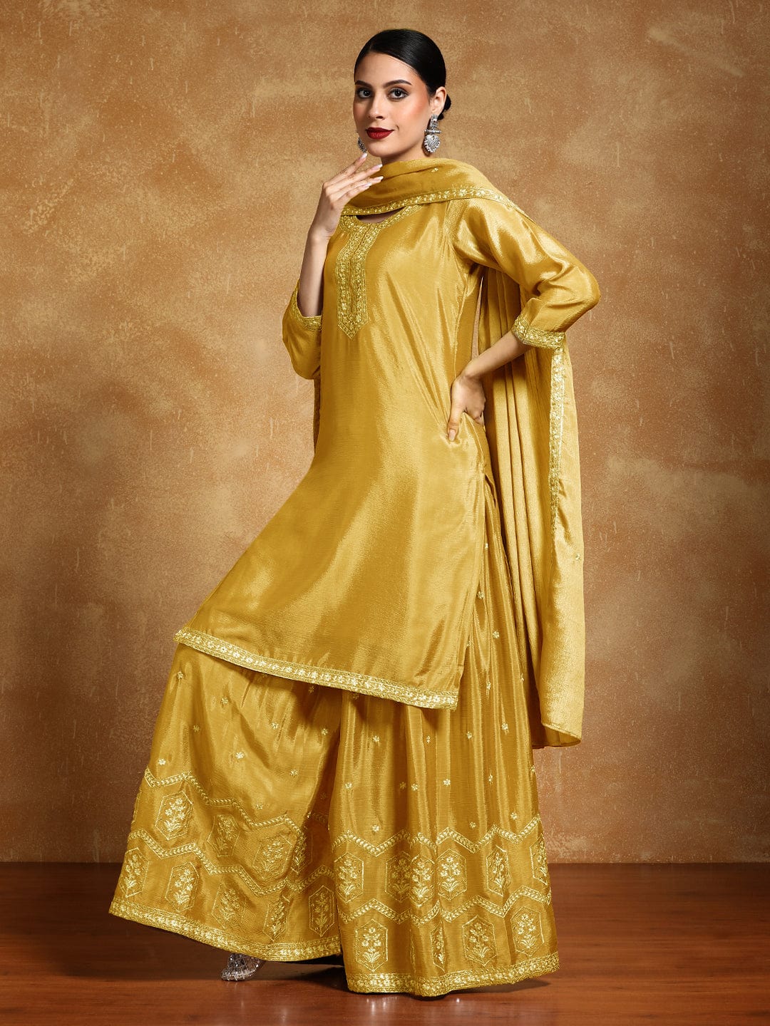 Varanga Women-Bead Work Kurta With Sharara And Dupatta