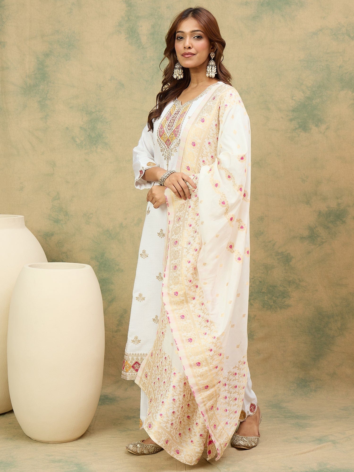 varanga Women Elegant White Ethnic 3-Piece Suit Set With Woven Kurta, Straight Pants, And A Rich Brocade Dupatta.