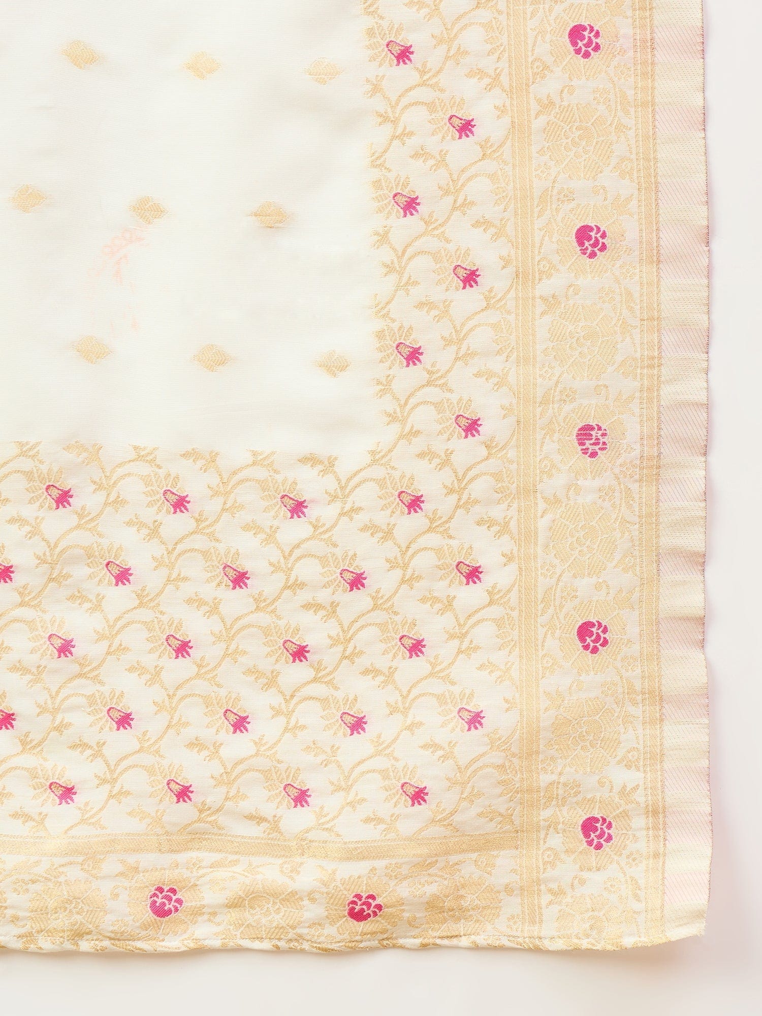 varanga Women Elegant White Ethnic 3-Piece Suit Set With Woven Kurta, Straight Pants, And A Rich Brocade Dupatta.
