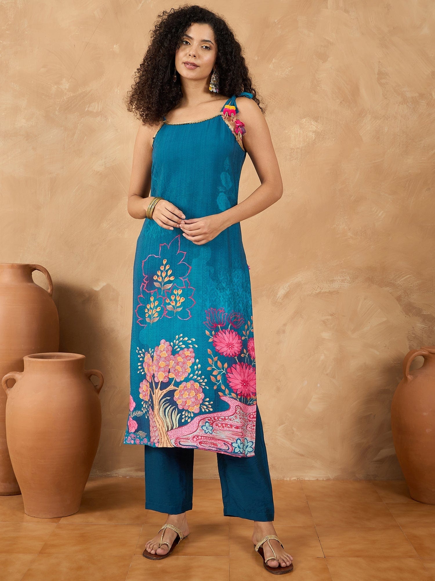 Varanga Women Spaghetti Tie Up Strap Straight Floral Kurta With Trousers And Dupatta