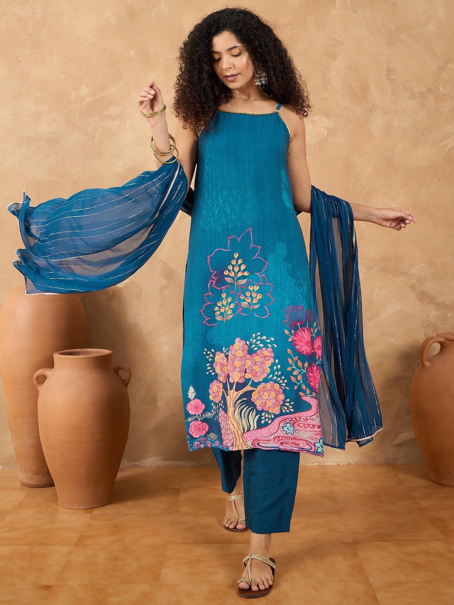 Varanga Women Spaghetti Tie Up Strap Straight Floral Kurta With Trousers And Dupatta