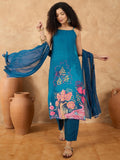 Varanga Women Spaghetti Tie Up Strap Straight Floral Kurta With Trousers And Dupatta