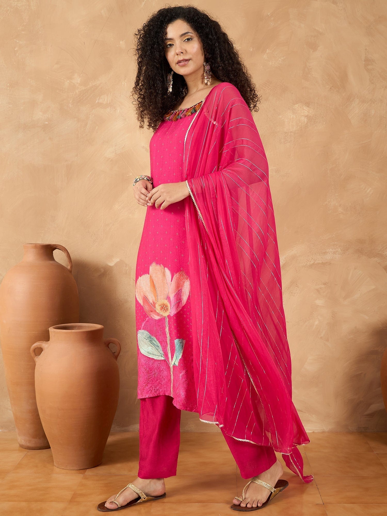 Varanga Women Spaghetti Strap Floral Kurta Featuring Tassles With Trousers And Dupatta
