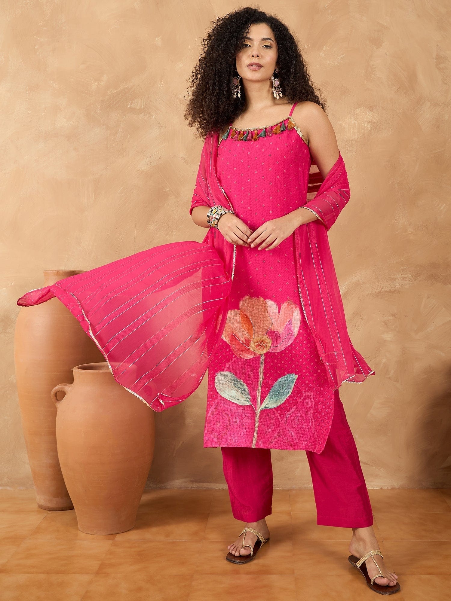 Varanga Women Spaghetti Strap Floral Kurta Featuring Tassles With Trousers And Dupatta