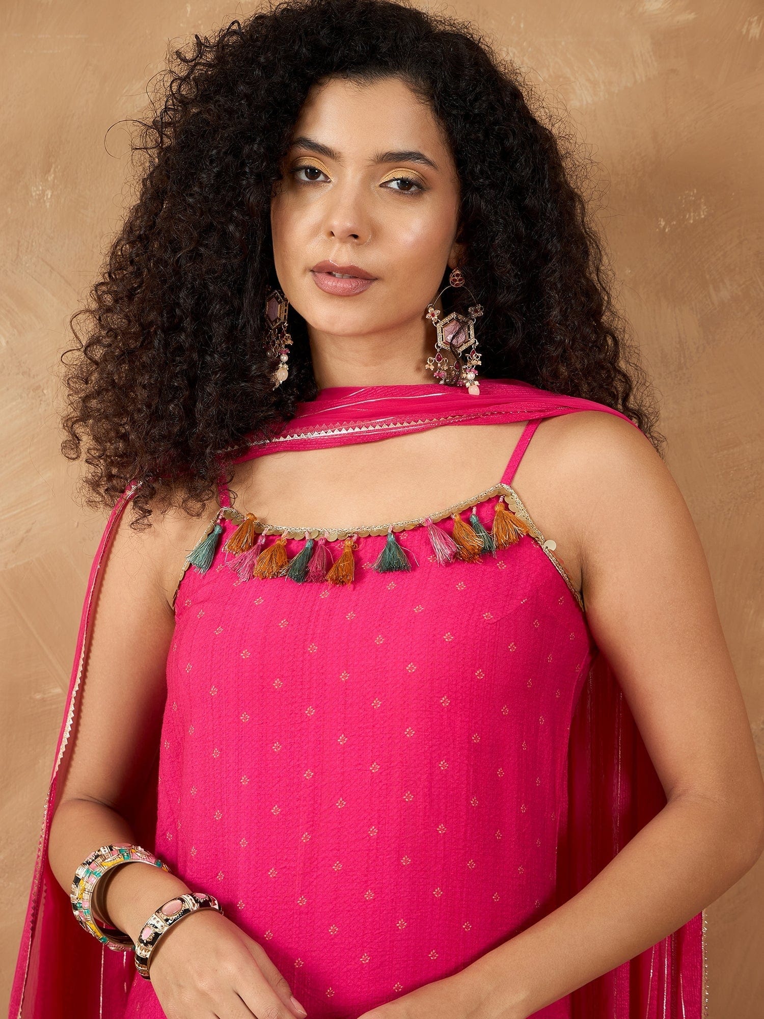 Varanga Women Spaghetti Strap Floral Kurta Featuring Tassles With Trousers And Dupatta