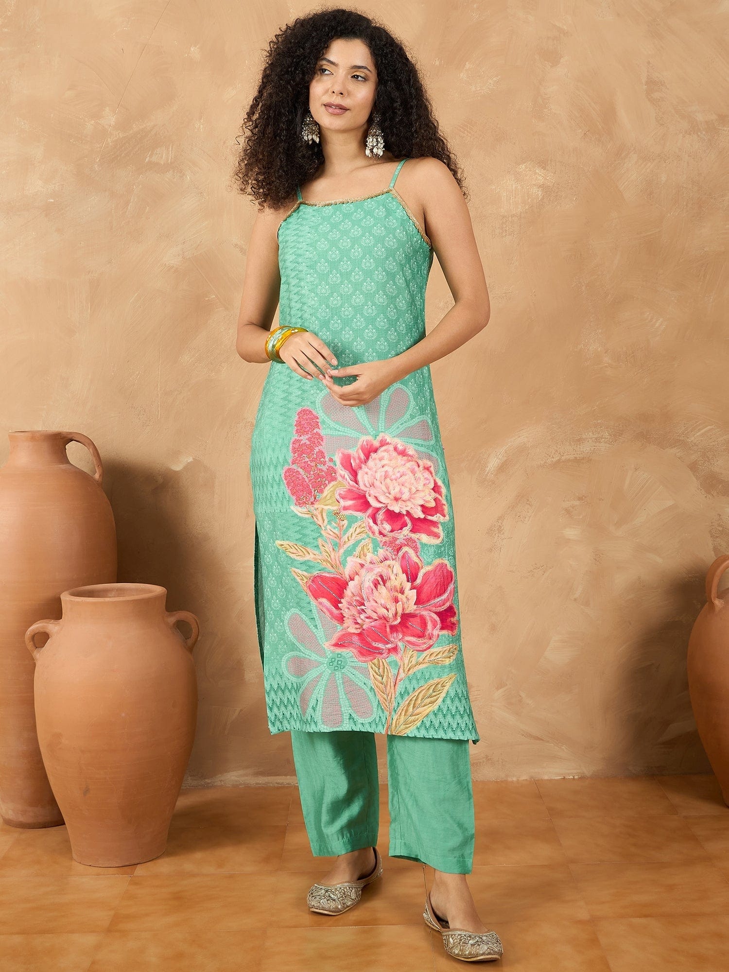 Varanga Women Spaghetti Strap Straight Floral Kurta With Trousers And Dupatta