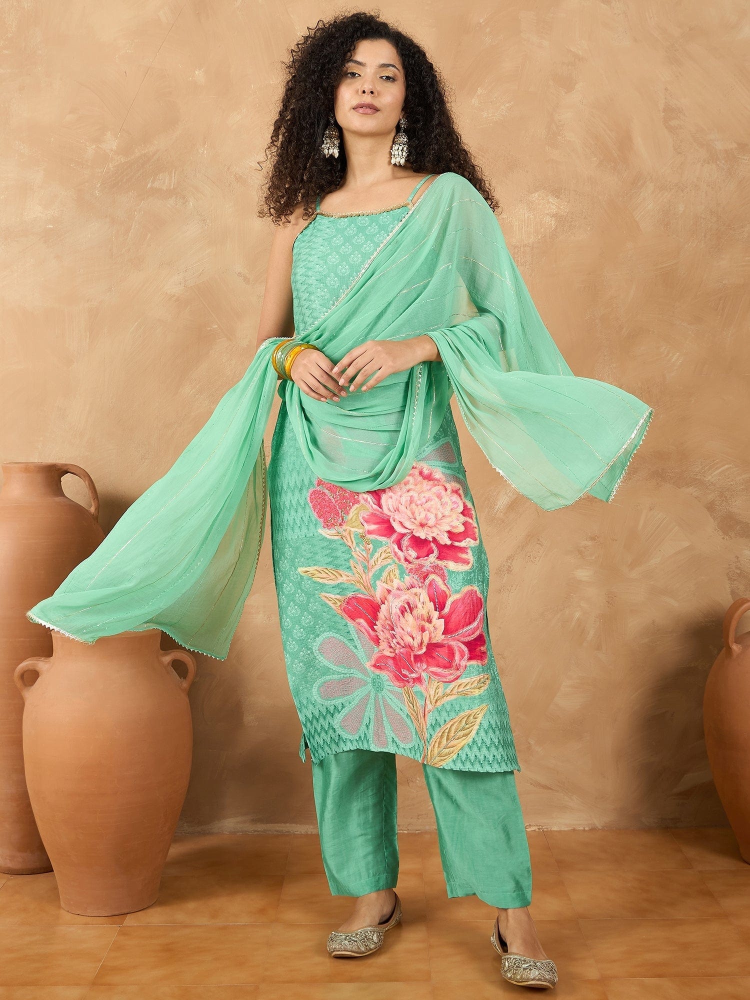 Varanga Women Spaghetti Strap Straight Floral Kurta With Trousers And Dupatta