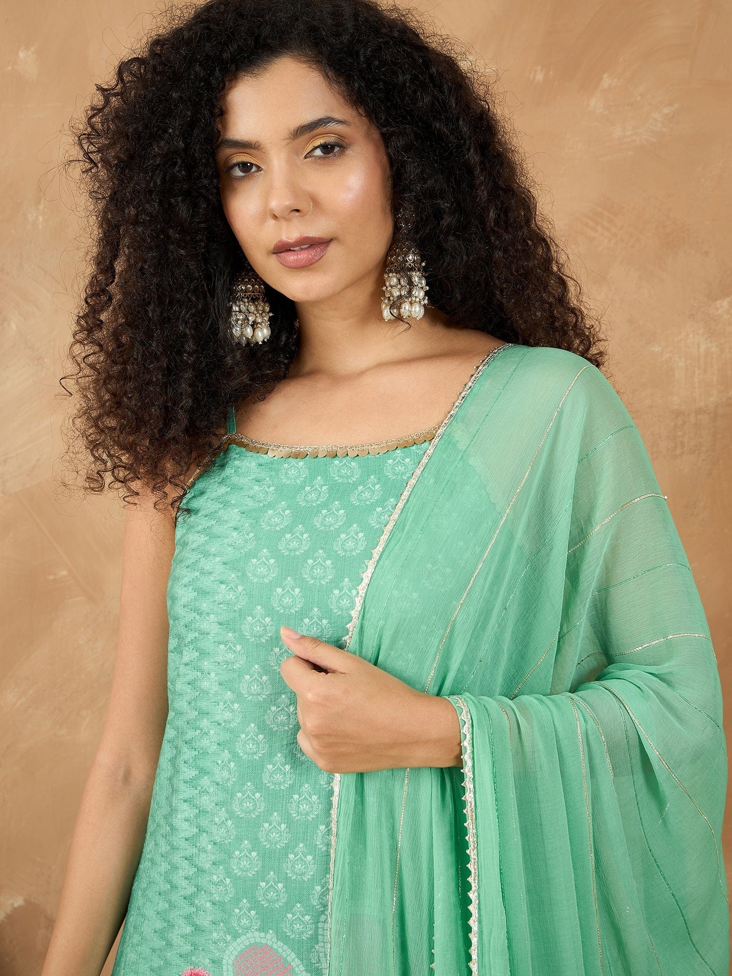 Varanga Women Spaghetti Strap Straight Floral Kurta With Trousers And Dupatta