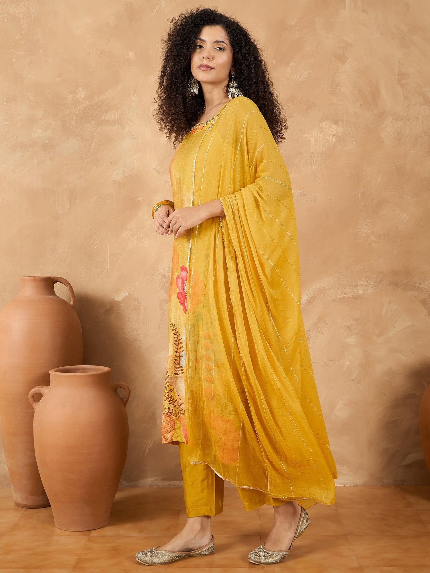 Varanga Women Spaghetti Strap Straight Floral Kurta With Trousers And Dupatta