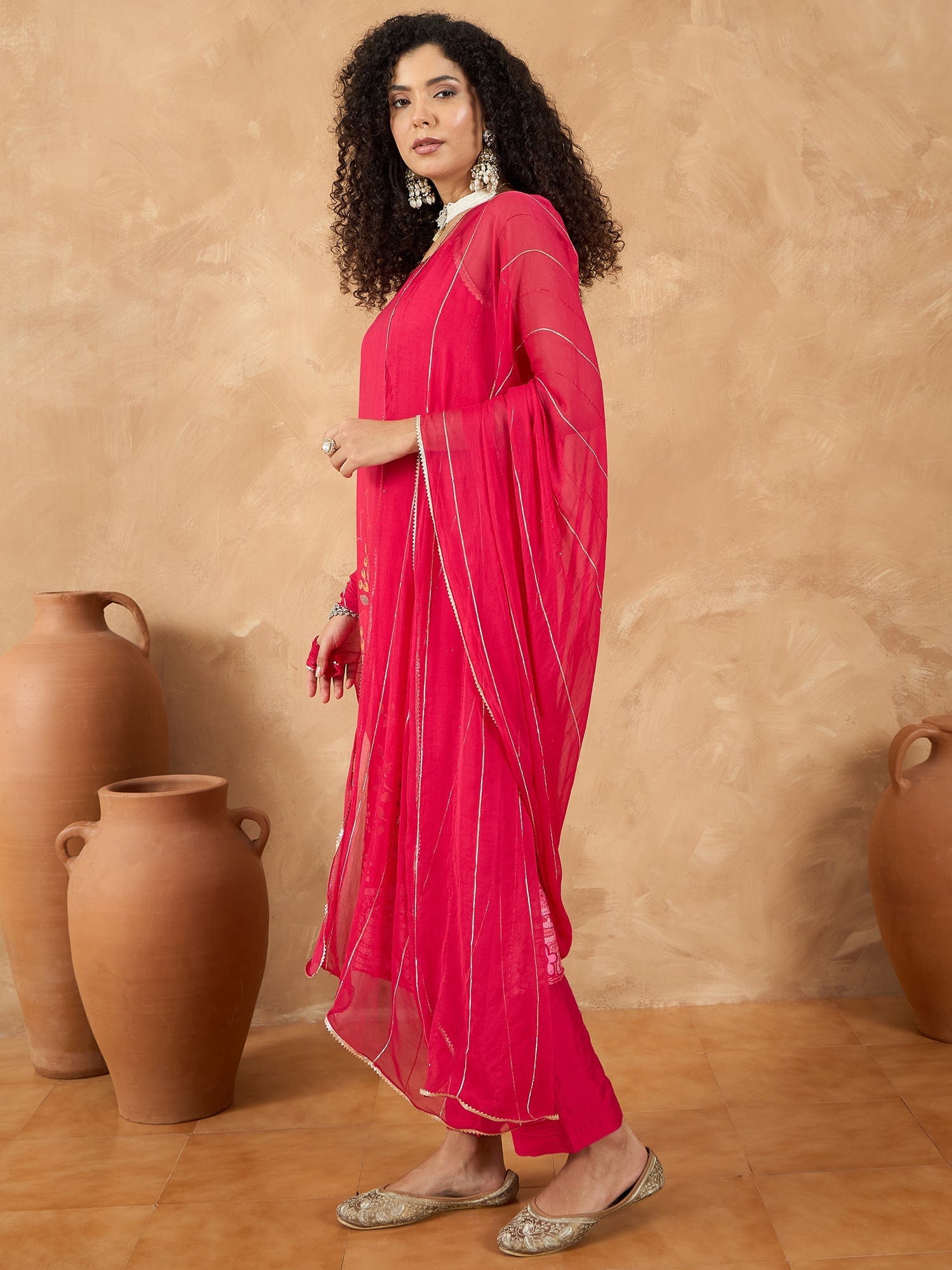 Varanga Women Spaghetti Tie Up Strap Floral Kurta Featuring Tassles With Trousers And Dupatta