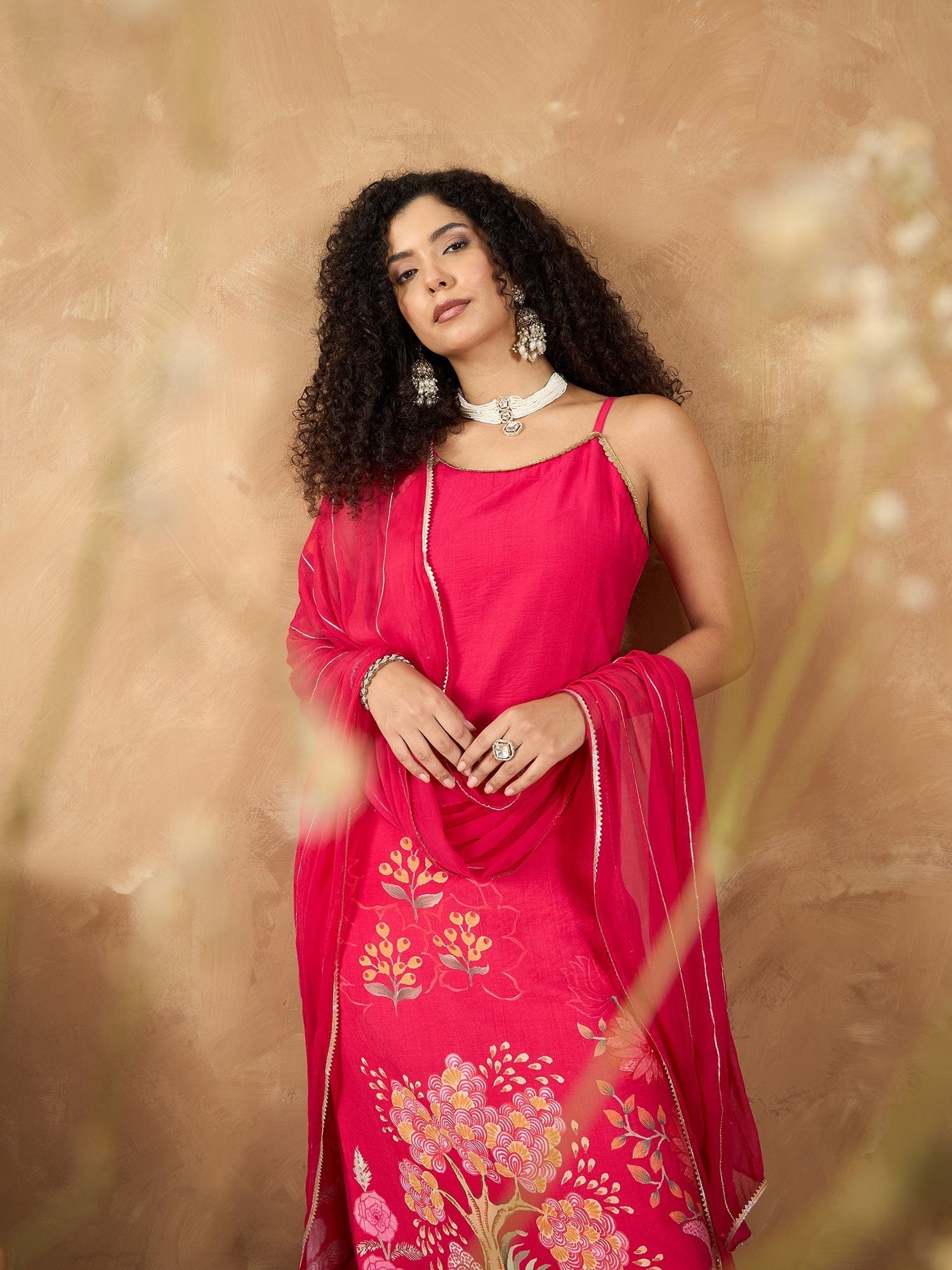 Varanga Women Spaghetti Tie Up Strap Floral Kurta Featuring Tassles With Trousers And Dupatta